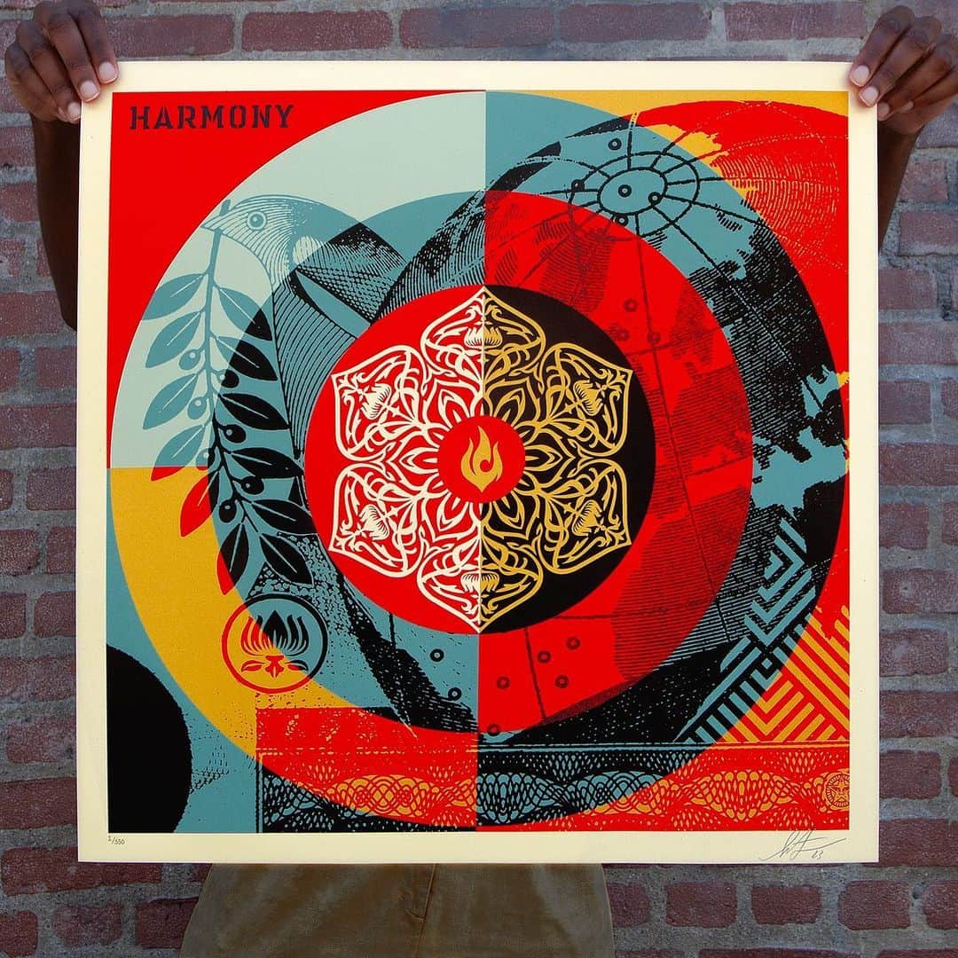 Shepard Faireyのインスタグラム：「NEW Print Release: “Global Harmony” Available Thursday, September 14th @ 10 AM PDT!  The Global Harmony print incorporates a mandala, a symbol of harmony and wholeness, at the center of a target. The bird and globe engraving suggests the possibility of thinking about the planet's future with a unified global perspective. The target symbolizes both the aim of constructive paths forward and also the attacks on the acknowledgment of global peril by fossil fuel corporations and the climate change deniers they prop up in politics. Will the flame be the symbol of inspiration or destruction? The choice is ours! A portion of this edition will be sold in Singapore in conjunction with my "The Future is Unwritten" exhibition at @operagallery.   @greenpeaceusa will receive a portion of proceeds from the sale of this print to benefit their efforts to combat climate change. –Shepard  PRINT DETAILS: Global Harmony. 24 x 24 inches. Screen print on thick cream Speckletone paper. Signed by Shepard Fairey. Numbered edition of 550. Comes with a Digital Certificate of Authenticity provided by Verisart. $90. A portion of the proceeds will be donated to Greenpeace USA. Available on Thursday, September 14th @ 10 AM PDT at https://store.obeygiant.com . Max order: 1 per customer/household. International customers are responsible for import fees due upon delivery (Except UK orders under $160).⁣ ALL SALES FINAL.」