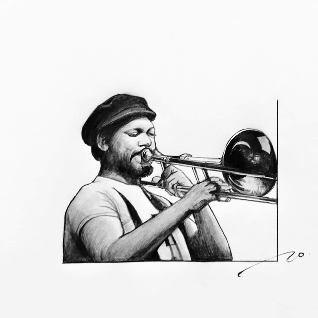 逢坂庵のインスタグラム：「23sketch0913 ・ ・ #jazz #jazzart #julianpriester #trombone #pencildrawing #portraitsketch #illustagram #monochrome #ジャズ #ジュリアンプリースター #トロンボーン #鉛筆画 #人物画 #イラストグラム #素描 #モノクロイラスト #ジャズ好きな人と繋がりたい」