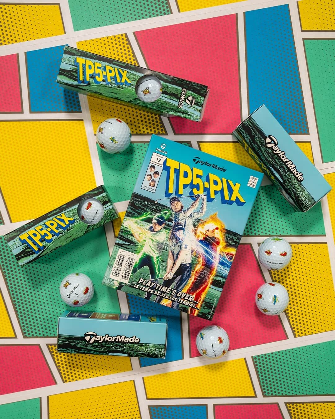 テーラーメイド ゴルフのインスタグラム：「It's a bird, it's a plane, it's a #TP5pix! The all new TP5 Pix Smash! Boom! Pow! golf balls and accessories are ready to help activate your golfing super powers. Hit the link in bio to shop them now.」