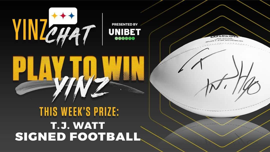 ピッツバーグ・スティーラーズのインスタグラム：「It's Week 2 of YinzChat's 2023 Regular Season Challenge, presented by @UnibetUS!  Answer hard hitting trivia and make gameday picks each week for your chance to win signed jerseys, helmets, footballs or even a trip to the 2024 NFL Draft!  Play now using the link in our bio.」