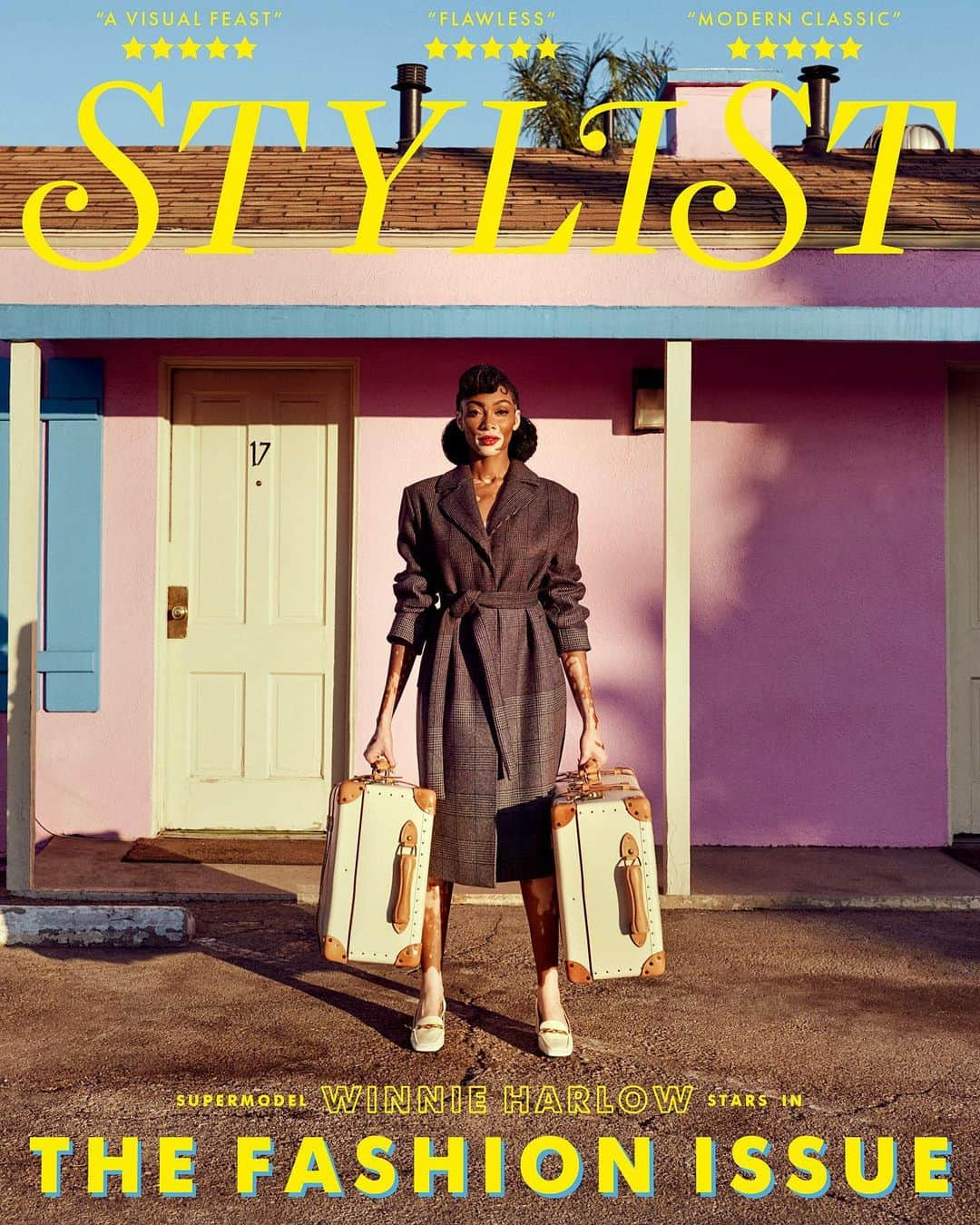 ウィニー・ハーロウのインスタグラム：「Stylist Magazine Cover.. but make it Wes Anderson / Ryan Murphy mash up📽️🎞️🧡 WES ANDERSON & RYAN MUPRHY IM CALLING YOU 📞 pick up!!!!  I was so excited to show how versatile an ethnic style like knotless braids can be for a high end cover shoot on a black woman! 🖤🖤🖤 @winnieharlow @stylistmagazine Photographer @jasonkimstudio Fashion Director @le_reber Photography Director @tomgormer Hair @jstayready_ Make up @adamburrell Manicure @rachel.messick LA production @annee_elliot Editor @alixkwalker1 Bts @byjamiebruce Entertainment Director @helenrollerskates Shot on location @pink_motel_1946 @discoverla」