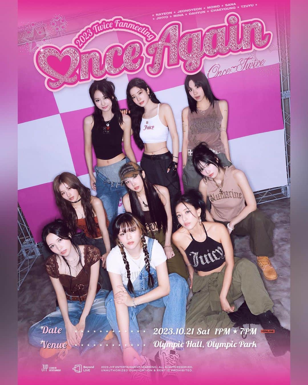 TWICEのインスタグラム：「2023 TWICE FANMEETING  <ONCE AGAIN>  ♡nce Again, Be as ONE🍭  ✦Date & Venue 2023.10.21 1PM (KST)📍Olympic Hall 2023.10.21 7PM (KST)📍Olympic Hall & Beyond LIVE  ✦Ticket Open 팬클럽 선예매(Fanclub Pre-Sale) ➫ 2023.09.22 8PM (KST) 일반 예매(General Sale) ➫ 2023.09.25 8PM (KST)  #원스 #ONCE #트와이스 #TWICE  #TWICE_8TH_ANNIVERSARY #ONCE_AGAIN」