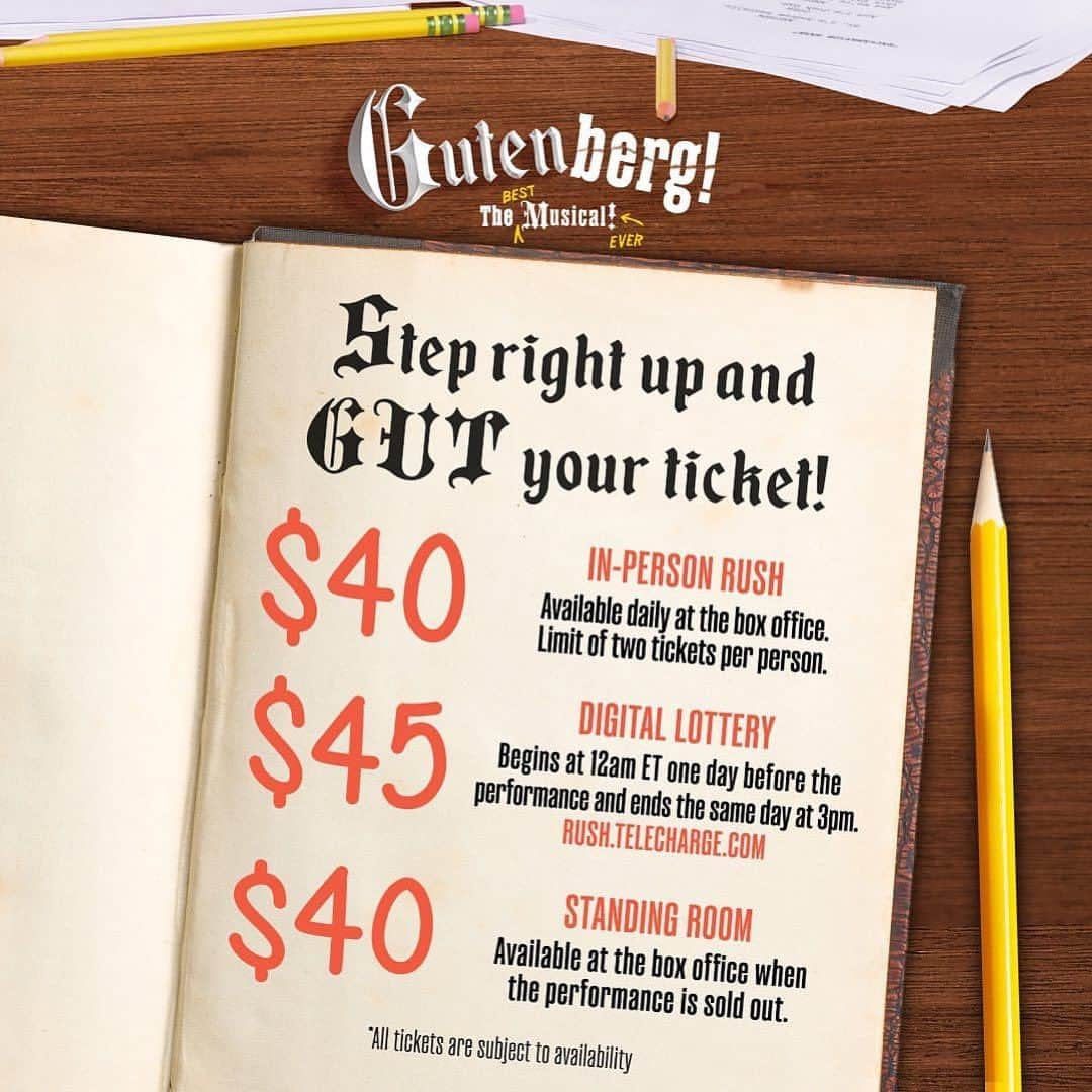 ジョシュ・ギャッドのインスタグラム：「Don’t let a GUT thing pass you by! Check out the ways that you can score a ticket to #GutenbergBway⬇️   A limited number of $40 in-person rush tickets will be available on the day of each performance when the box office opens (Tues - Sat at 10AM ET and Sun at 12PM ET). Max of 2 tickets/person.     A limited number of $45 tickets will be sold via digital lottery, beginning at 12 AM ET the day before the performance. Winners will be drawn that day 10 AM ET and at 3 PM ET.  Max 2 tickets/winner. Enter at rush.telecharge.com.   At sold out performances, a limited number of $40 standing room tickets will be available at the box office. Max 2 tickets/person.  All tickets are subject to availability.」