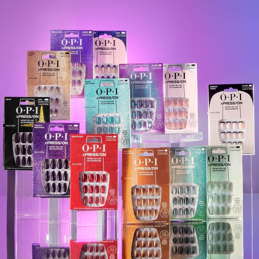 OPIのインスタグラム：「Channel the star power of every zodiac with the new OPI xPRESS/ON Big Zodiac Energy collection! 🌟 Featuring a set for all 12 signs, plus a stellar sticker pack to help you customize your mani.   How will you xPRESS your unique Zodiac Energy? The sky’s the limit. ✨💫   Exclusively @ultabeauty 🛍️  #OPI #OPIObsessed #OPIBigZodiacEnergy #FallNails #pressonnails」