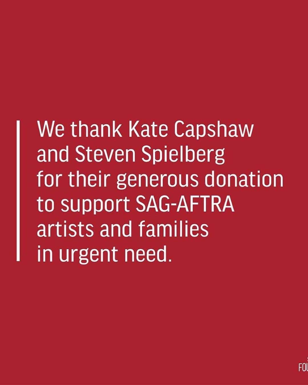 のインスタグラム：「Repost from @sagaftrafound • Thank you, Kate Capshaw & Steven Spielberg, for your unwavering commitment to the welfare of @sagaftra performers and the entire entertainment industry.  We appreciate your big-hearted support of ALL of the people - in front of and behind the camera - who make film & TV happen.  SAG-AFTRA members in urgent need can head to our link in bio to apply for emergency assistance.」