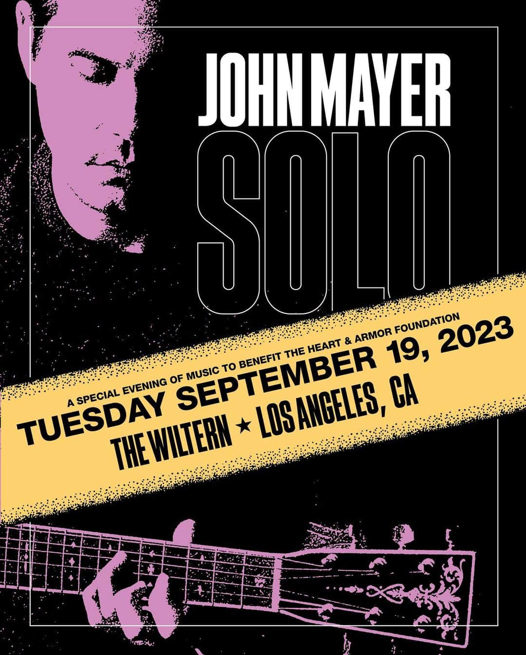 ジョン・メイヤーのインスタグラム：「To celebrate the start of the upcoming fall SOLO tour, I’ll be playing a special concert at @thewiltern in Los Angeles next Tuesday, September 19. All proceeds will benefit @heartandarmor, a foundation to support veterans’ health.   Register for tickets through Verified Fan from now until tomorrow at 10AM. Tickets are on sale this Friday at 10AM and can be accessed with your unique code - the link? It’s in the bio.」