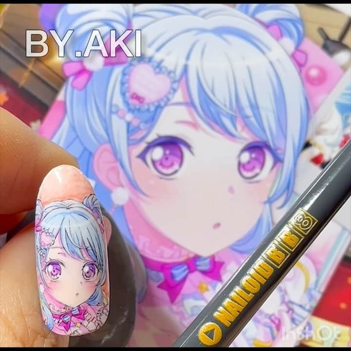 上野明子のインスタグラム：「ハローハッピーワールド🎵 松原花音💙  おはよー☀️  🎨使用商材👇👇👇👇 💅プロショップ　TAT @nailshoptat  💅誰でもショップ　@nailoid.by.aki  💅直接リンク　💻プロフィールURL  #バンドリ  #bangdream  #ガルパ  #garupan  #かのん  #松原花音  @by.aki #anime#manga#NAIL#ジェルネイル#ネイル#福岡#福岡市#全てジェルネイル#手描きネイル#all.gel#痛ネイル#ネイリスト#キャラネイル#네일#gel甲#美甲#爪甲#clou#مسمار#paku #uña」