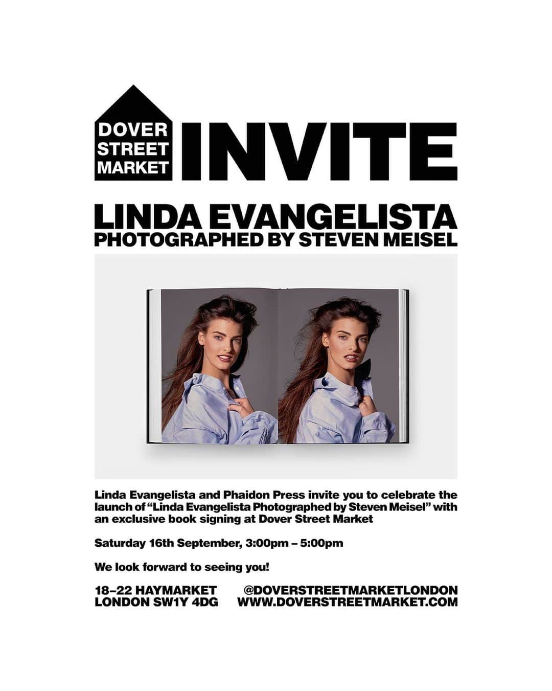 のインスタグラム：「Please join me on Saturday, September 16th from 3pm-5pm at Dover Street Market London for a special signing of “Linda Evangelista Photographed by Steven Meisel.”」