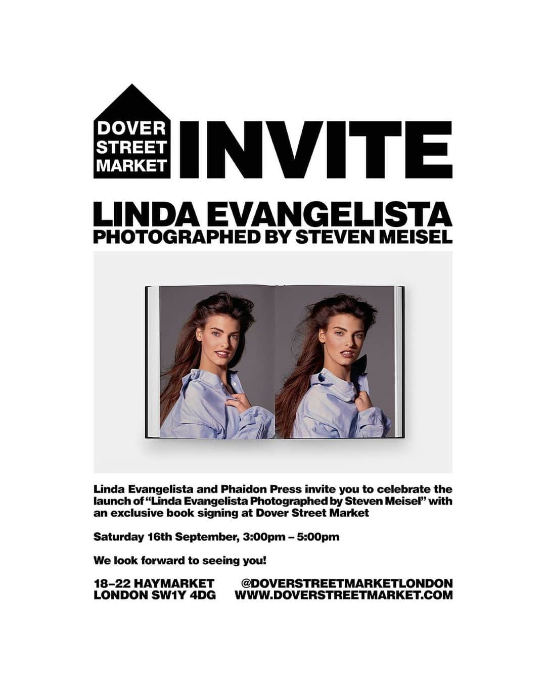 リンダ・エヴァンジェリスタのインスタグラム：「Please join me on Saturday, September 16th from 3pm-5pm at Dover Street Market London for a special signing of “Linda Evangelista Photographed by Steven Meisel.”」