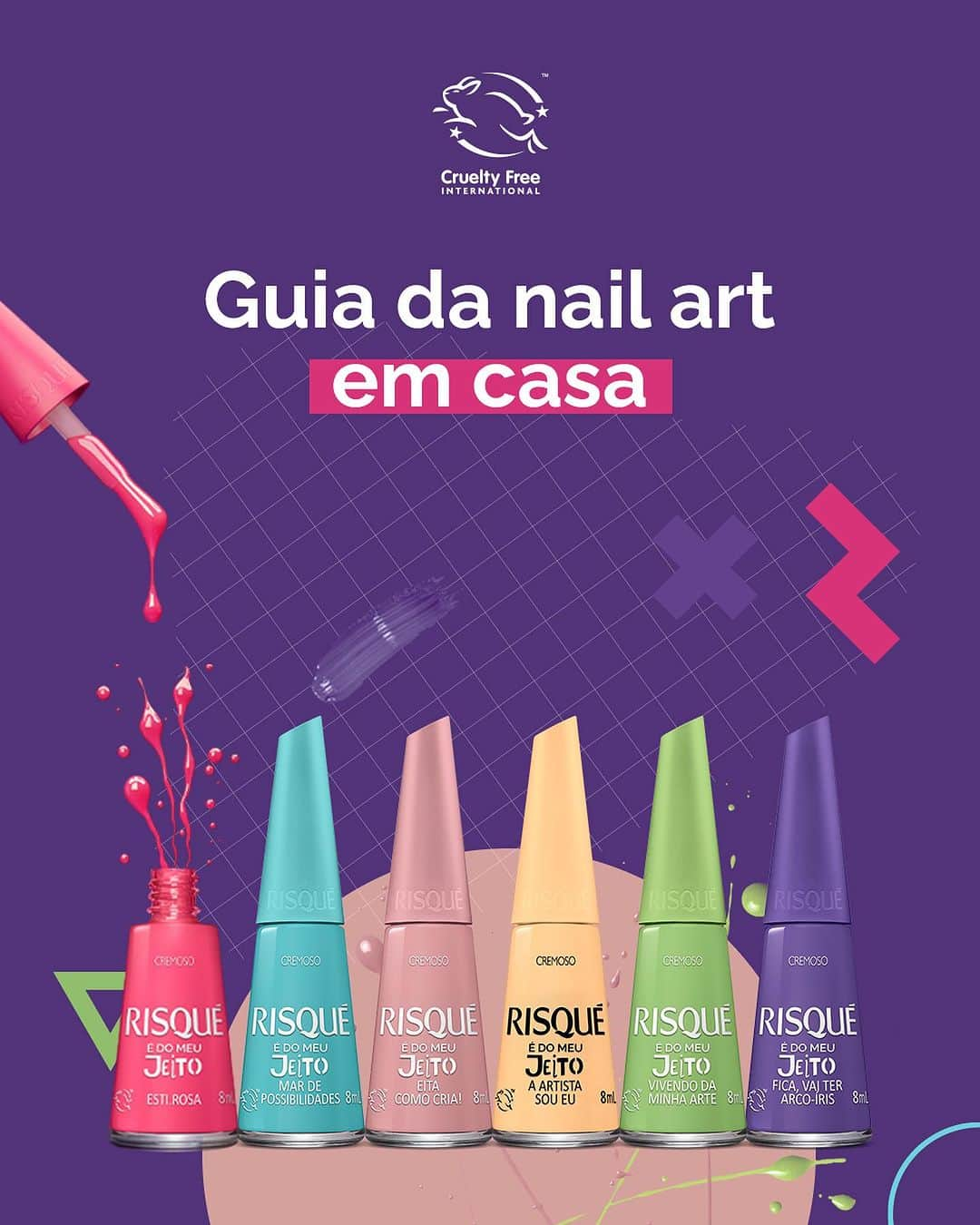 Risqueのインスタグラム：「Dá pra fazer nail art em casa sim! O que importa não é a perfeição e sim a personalidade.   Por isso, separamos aqui um guia com vários itens pra você fazer da sua imaginação um mundo de autoexpressão! E aí, bora mostrar sua personalidade com muita cor?  #RisquéÉDoMeuJeito #risquéoficial #esmaltesrisqué」