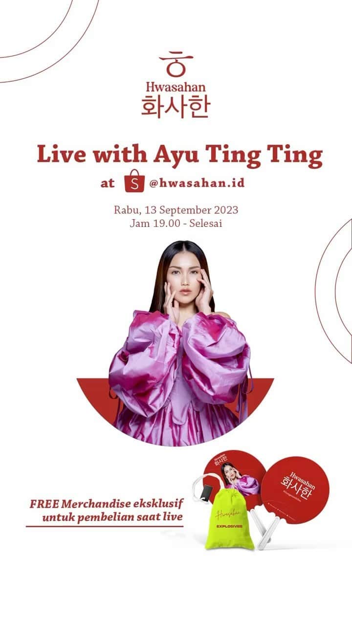 のインスタグラム：「Yuhuuuu, Rabu malam live bareng teteh @ayutingting92 di Shopee Hwasahan yuk!  Kita ngobrol-ngobrol seputar produk Hwasahan dan curhat seputar permasalahan kulit wajah dan solusinya juga.   Catat waktu dan jamnya nih;  Rabu, 13 September 2023,start jam 5 sore sampai dengan selesai di akun Shopee Hwashahan @hwasahan.id  Ada promo-promo menarik dan ada kuis berhadiah untuk kamu yang follow akun Shopee Hwasahan dan bisa jawab pertanyaan-pertanyaan dari teteh @ayutingting92 !   See you!」