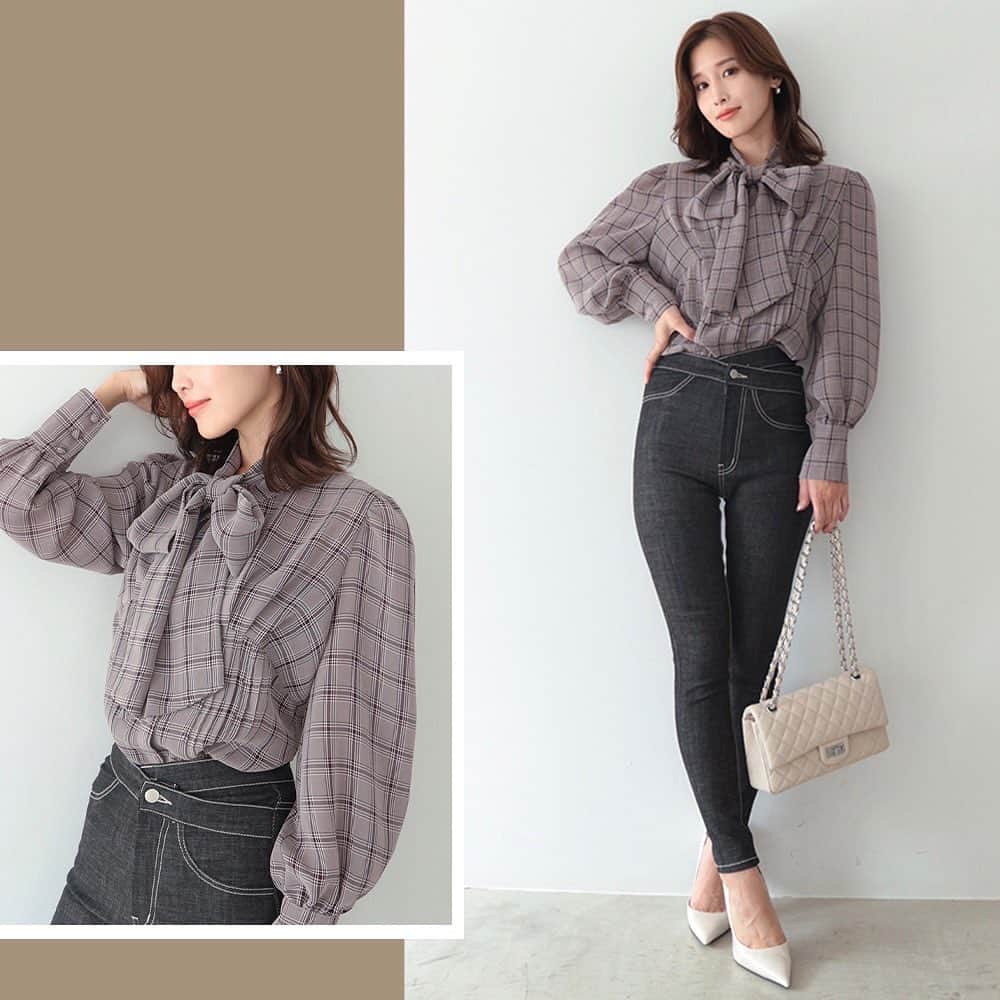 デュラスアンビエントのインスタグラム：「#ピンタッククラシックブラウス <Ivory, Black, Check/Pink, Check/Black> 【9/20(WED)20:00-】  クラシカルなムード漂う、上品な秋ブラウスが到着。  身体のラインに合わせた細身のボディに、ギャザーを施した袖がふんわりと映え、太めのタイが顔周りをデザイン。  リボンで甘く、垂らしてスタイリッシュにも変えられ、取ればスッキリとしたスタンドカラーで知的な印象に。  ＿＿＿＿＿＿＿＿＿＿＿ ✔︎ @ambient_styling #AMBIENT #ambient_official #ambientstyle #アンビエント #23aw #ブラウス #秋コーデ」