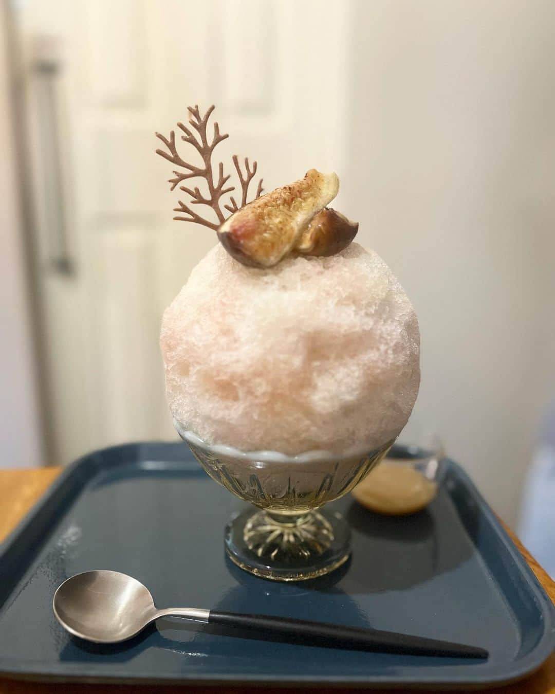 原田麻子さんのインスタグラム写真 - (原田麻子Instagram)「イチジクの香水  置いてあった香水はジョー・マローンだったかと思うのでそこからインスピレーションを受けたかき氷。  さらにいちじくを支える木までを表現した、 なんだか冬の湖のほとりのような。  くすんでるのに透明感のある イチジクの葉のシロップもあいまって 幻想的なかき氷に見えた。 勿論おいしかった。それが素晴らしいと思う。  いちじくの葉っぱって いちじくの香りがほんのーりして とても良いと思うんだけど いちじくの葉っぱ茶がないの不思議。 🌽のひげさえお茶になってるっていうのに。  #かき氷#かき氷🍧#おやつ#ごはん#sweets#shaveice#東京かき氷」9月13日 12時15分 - achakoko