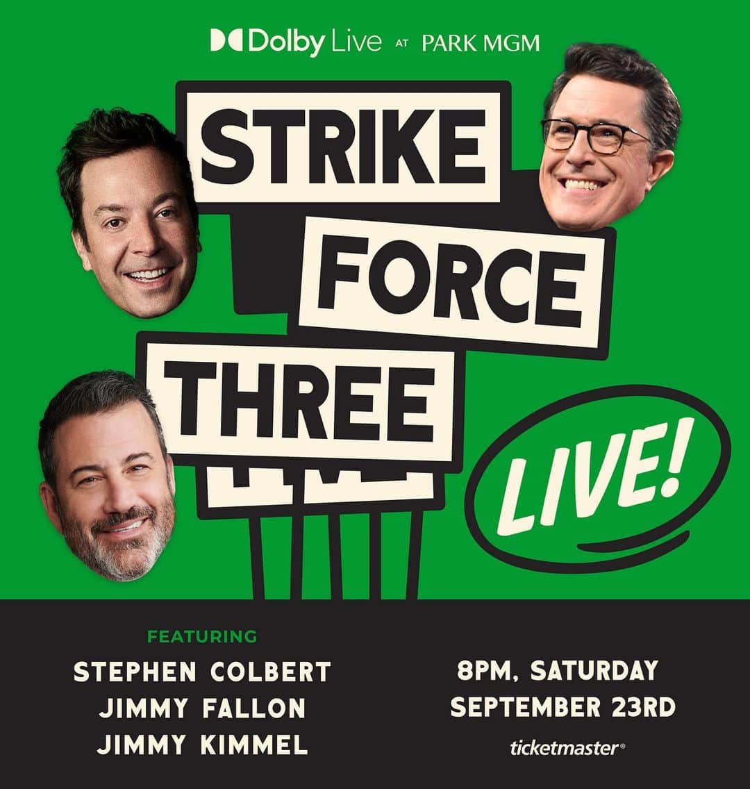 ジミー・キンメルのインスタグラム：「@StrikeForceFive (minus two) Live!  @StephenAtHome, @JimmyFallon and me together in Las Vegas Saturday, September 23rd at the Dolby Live at Park MGM. Tickets on pre-sale tomorrow 9/14 at 10am PT with code STUDIO. All proceeds go to our out-of-work crews.」