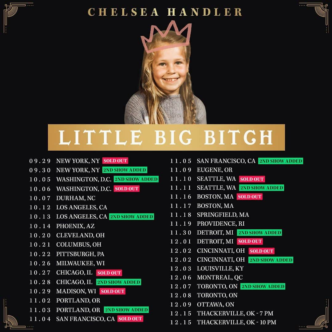 チェルシー・ハンドラーのインスタグラム：「Coming back on tour in two weeks.  CINCINNATI: Second show added!!   Pre-sale starts now! Pre-sale code: LITTLE」