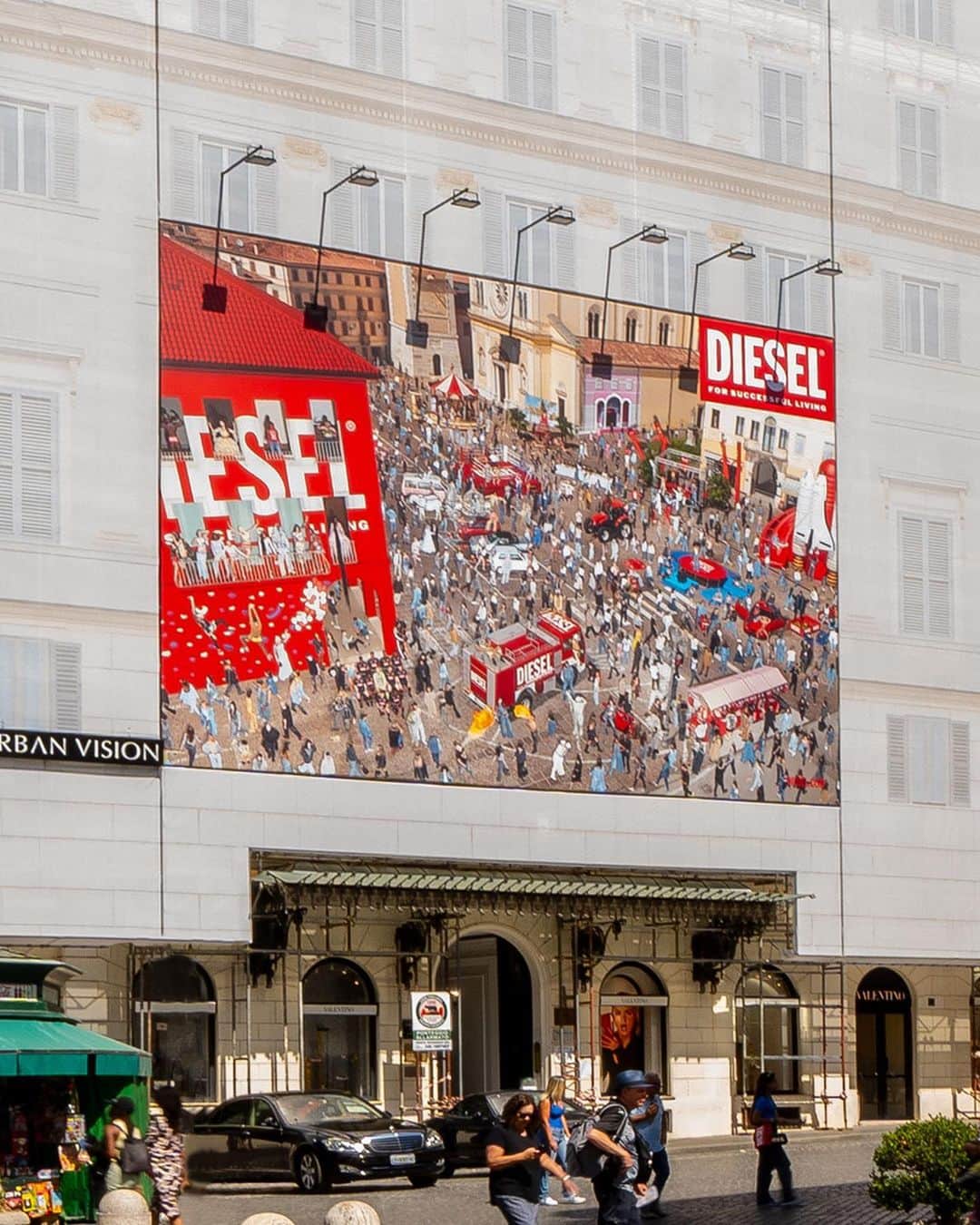 ディーゼルのインスタグラム：「“Find the D”, #DieselFW23 Campaign, takes over billboards in Rome, London and Milan.    An irreverent take on children’s puzzle books with densely packed images containing imaginative scenes and characters, the billboards are loaded with Diesel staff members photographed Breganze, Italy, home of Diesel HQ.    See more at the link in bio.   #ForSuccessfulLiving」