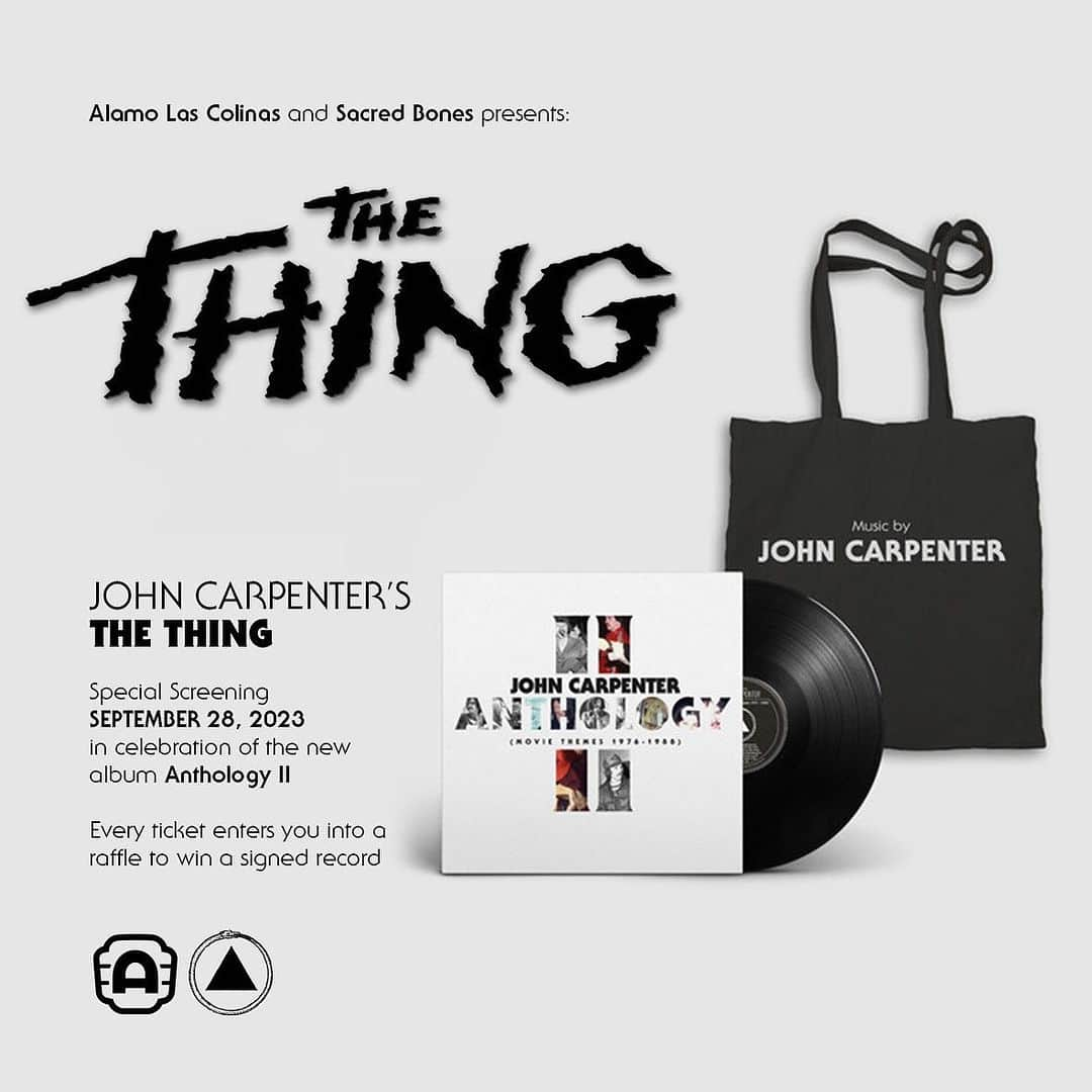 ジョン・カーペンターのインスタグラム：「@alamodfw and @sacredbones are proud to present a special screening of The Thing, taking place at the Dallas movie theater in Las Colinas, right on John Carpenter Freeway! Each ticket includes the advance edition black vinyl LP of John Carpenter Anthology II: Movie Themes 1976-1988 and a black “Music By John Carpenter” tote bag to hold all your “things.” This purchase also enters you for a chance to win a copy of the vinyl signed by Carpenter himself. Head to link in bio to purchase your ticket!」