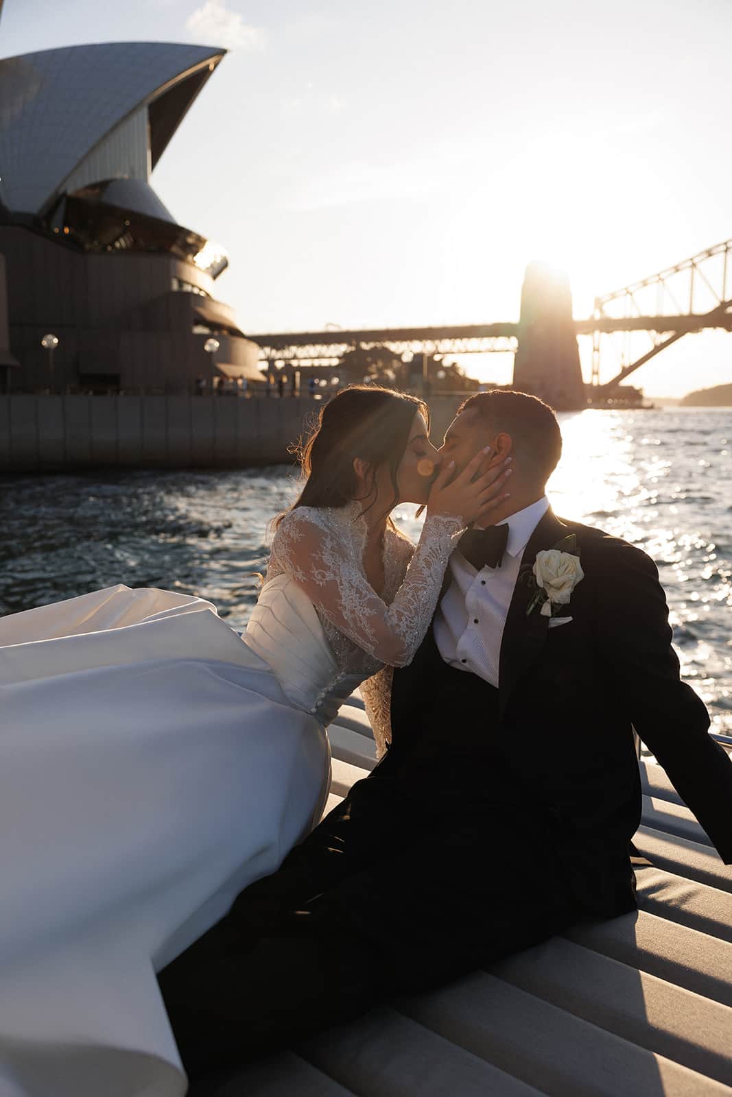 のインスタグラム：「Cassandra radiated effortless elegance as she wears a custom Steven Khalil couture gown on Sydney Harbour. Captured beautifully by @saltatelier_wedding⁣ #stevenkhalil #stevenkhalilbride」
