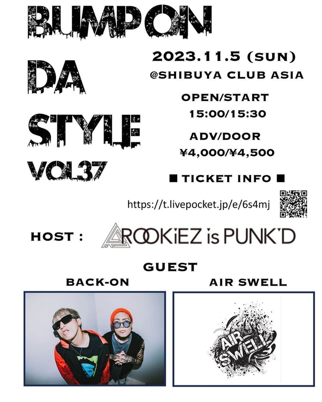 TEEDAのインスタグラム：「We’re gonna play the show at “ROOKiEZ is PUNK’D” event called “BUMP ON DA STYLE vol. 37” November 5th with “AIR SWELL” at Shibuya club asia.  We hope to see you there!  11月5日に渋谷club asiaで開催される「ROOKiEZ is PUNK'D」のイベント「BUMP ON DA STYLE vol.37」に「AIR SWELL」と出演します。  是非遊びに来てねー！！  TICKETはこちら↓↓↓ https://t.livepocket.jp/e/6s4mj  #back_on_jpn #teeda #kenji03 #rookiezispunkd #shinnosuke_rookiez #ryota_rookiez #air_swell_official #sibuyaclubasia #mixture #rapmetal #japaneserapmetal #ミクスチャー　#bumpondastyle」