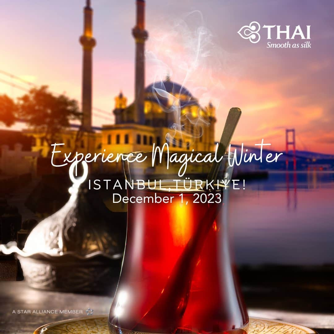 タイ航空のインスタグラム：「Dreaming of a winter escape? ❄️ Fly to Istanbul, Türkiye, and experience the magic of this enchanting city! 🇹🇷✨ Discover the beauty of the snowy Hagia Sophia, cozy up with Turkish tea in charming cafes, explore historic sites without the crowds, and don't forget to plan a side trip to Göreme for hot air balloon adventures in Cappadocia. Your winter adventure awaits – book your escape now through the link in our bio or click thaiairways.com   #thaiairways #smoothassilk #IstanbulWinter #travelgoals #tg900 #tg901 #december #istanbul #turkiye #experience #magicaljourney」