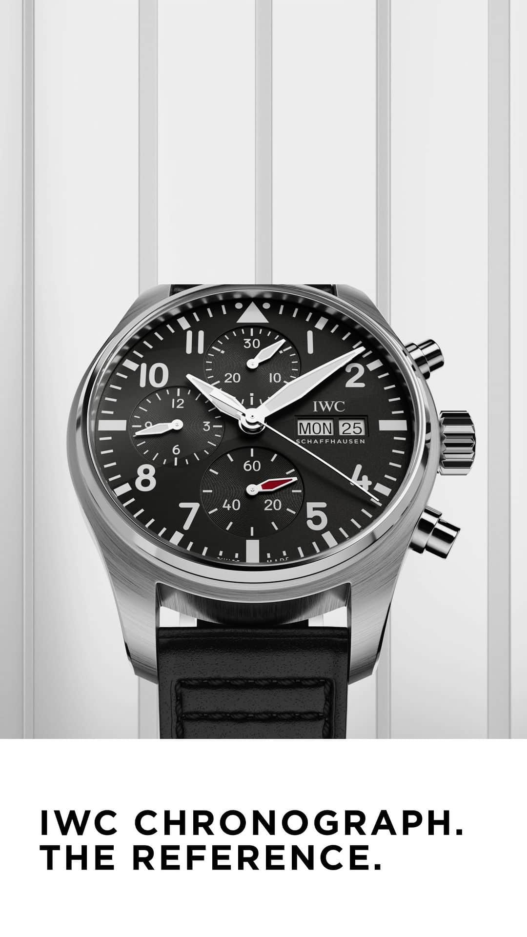 IWCのインスタグラム：「A precision-engineered experience.  The Pilot’s Watch Chronograph 41 features a screw-in crown for enhanced water resistance, a transparent sapphire glass back to observe the IWC-manufactured movement 69385 Calibre, and a robust 10-bar water resistance, ensuring its suitability for demanding environments.  #IWCpilot | #TheReference  🔗Link in Bio   ℹ Black dial Stainless steel case 41mm IWC-manufactured 69385 Calibre Ref. IW388111」