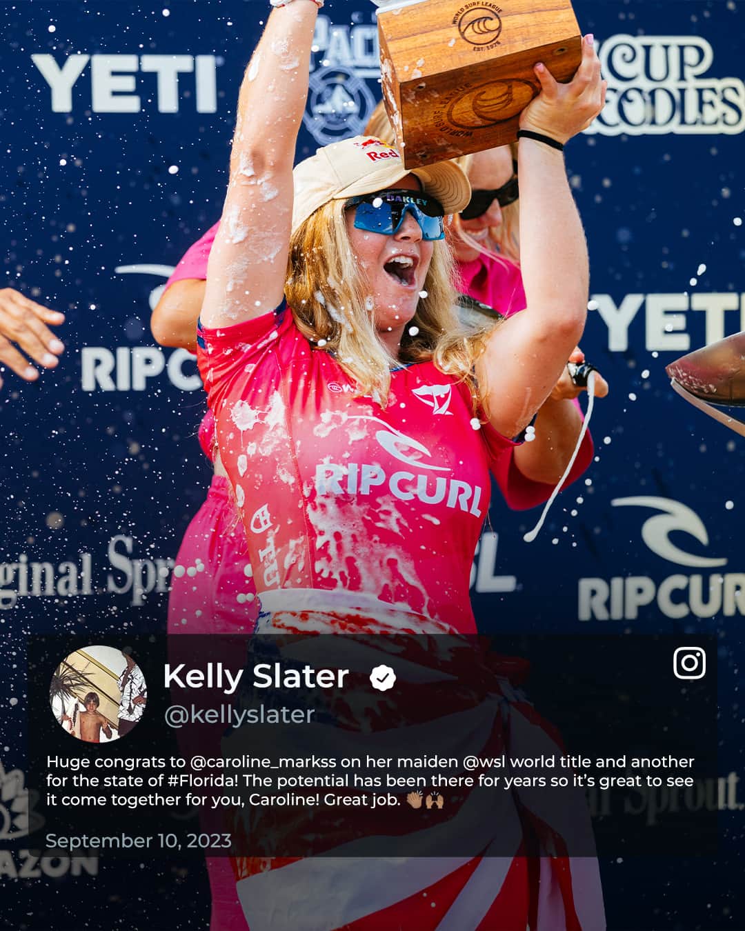 世界プロサーフィン連盟（WSL）のインスタグラム：「A round of applause for the 2023 World Champions 👏⁣ @caroline_markss @filipetoledo @kellyslater @gabrielmedina @andersonlisa @lakeypeterson」