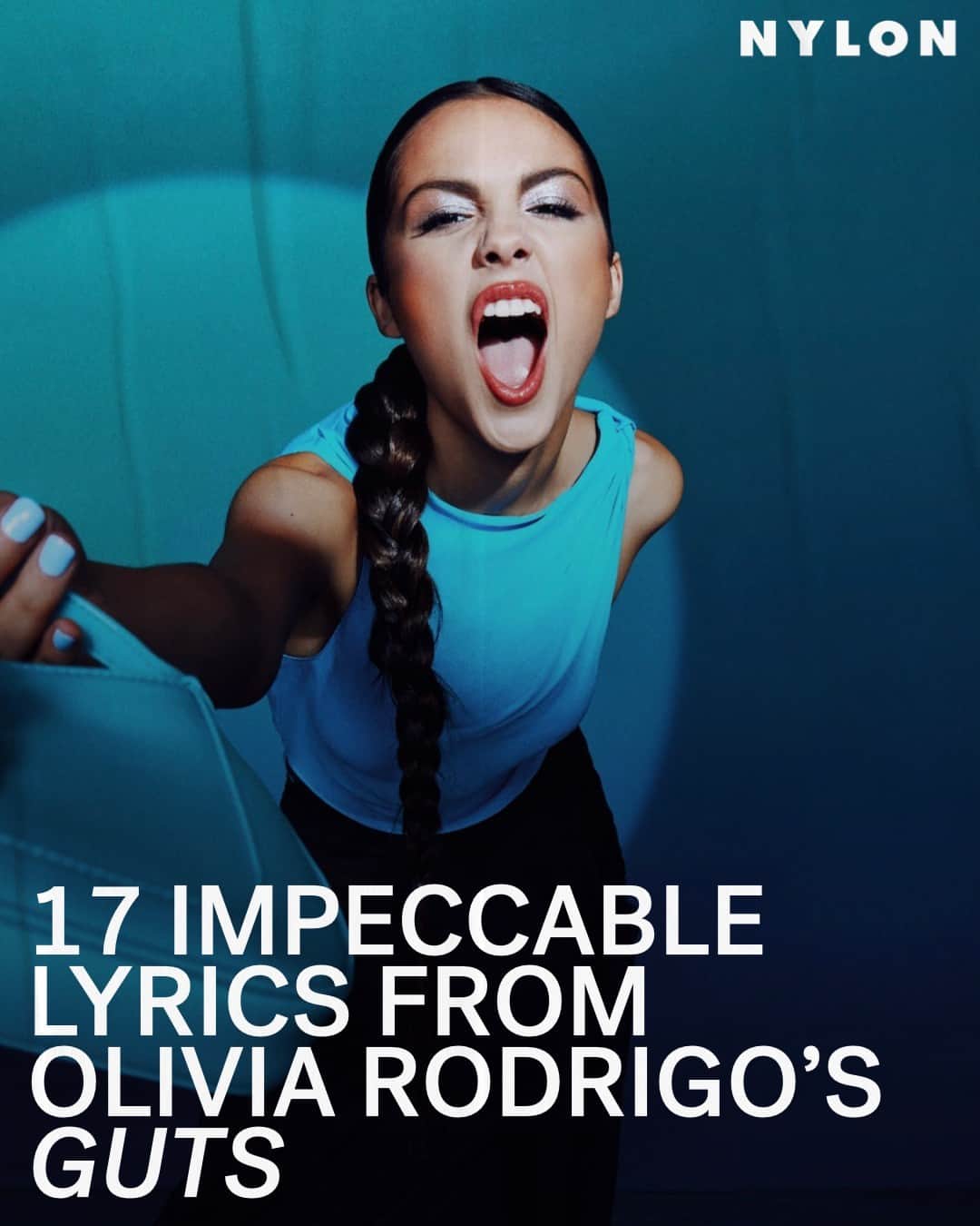 Nylon Magazineのインスタグラム：「You can’t go five seconds without hearing a quotable lyric while listening to #OliviaRodrigo’s 'GUTS.' The young singer-songwriter’s long-awaited sophomore album is full of zingers and potent one-liners that capture the anxieties and affairs of a teenage girl’s (and millennial’s) heart in full, 4K detail.  Read on for a non-exhaustive list of some of the best, most impeccably written lyrics from #GUTS, at the link in bio.  Photographed by @abdmstudio for NYLON's May 2021 issue.」