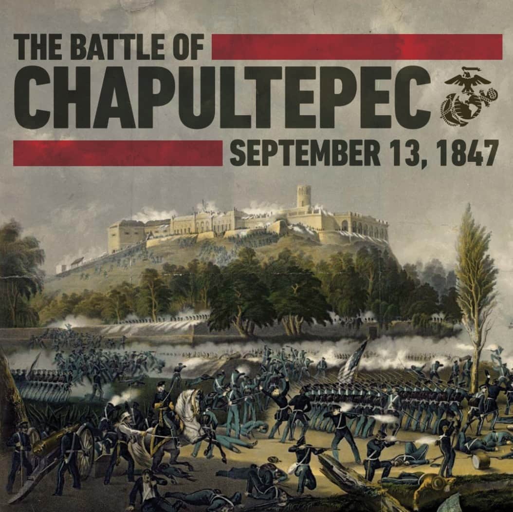アメリカ海兵隊のインスタグラム：「#OTD 176 years ago, Maj. Levi Twiggs and 40 U.S. #Marines and 250 soldiers from General Scott’s Army stormed the fortress palace of #Chapultepec, Mexico City’s defense sitting atop a 200-foot hill.   On the morning of 13 September 1847, Scott ordered the infantry attack after three hours of American bombardment. General Lopez de Santa Anna, the commander of the Mexican forces, watched the Americans take Chapultepec and Mexico City fell to Scott’s army on 15 September.   The Marines suffered 30 casualties during the engagement, and the legend of the Marine NCO “blood stripe” memorializes the Marines’ actions at the Battle of Chapultepec.   #USMCHistory #SemperFidelis #BattleofChapultepec #BloodStripe」