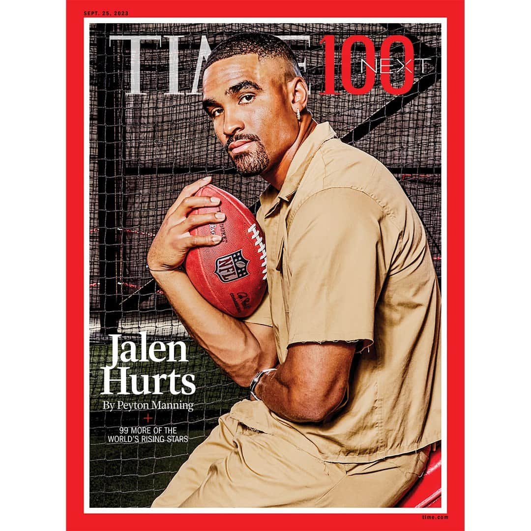 TIME Magazineのインスタグラム：「“I find a thrill in the doubt, the hate, the disbelief,” says Philadelphia Eagles quarterback Jalen Hurts. “Because it’s always been that way. Why would I want them to change their ways now?”  After Hurts earned a $255 million contract extension in April, which made him, for a brief period, the highest-paid player, on an annual basis, in NFL history, he saw that many Eagles fans were apoplectic that the team even drafted him in the second round. Now he knows some people are questioning whether he’s worth his astronomical price tag after just one stellar season.  In his TIME100 Next cover story, Hurts talks about embracing Philadelphia, cooking crawfish, and proving doubters wrong.  Link in bio.  Photograph by Krista Schlueter (@kristaschlueter) for TIME」