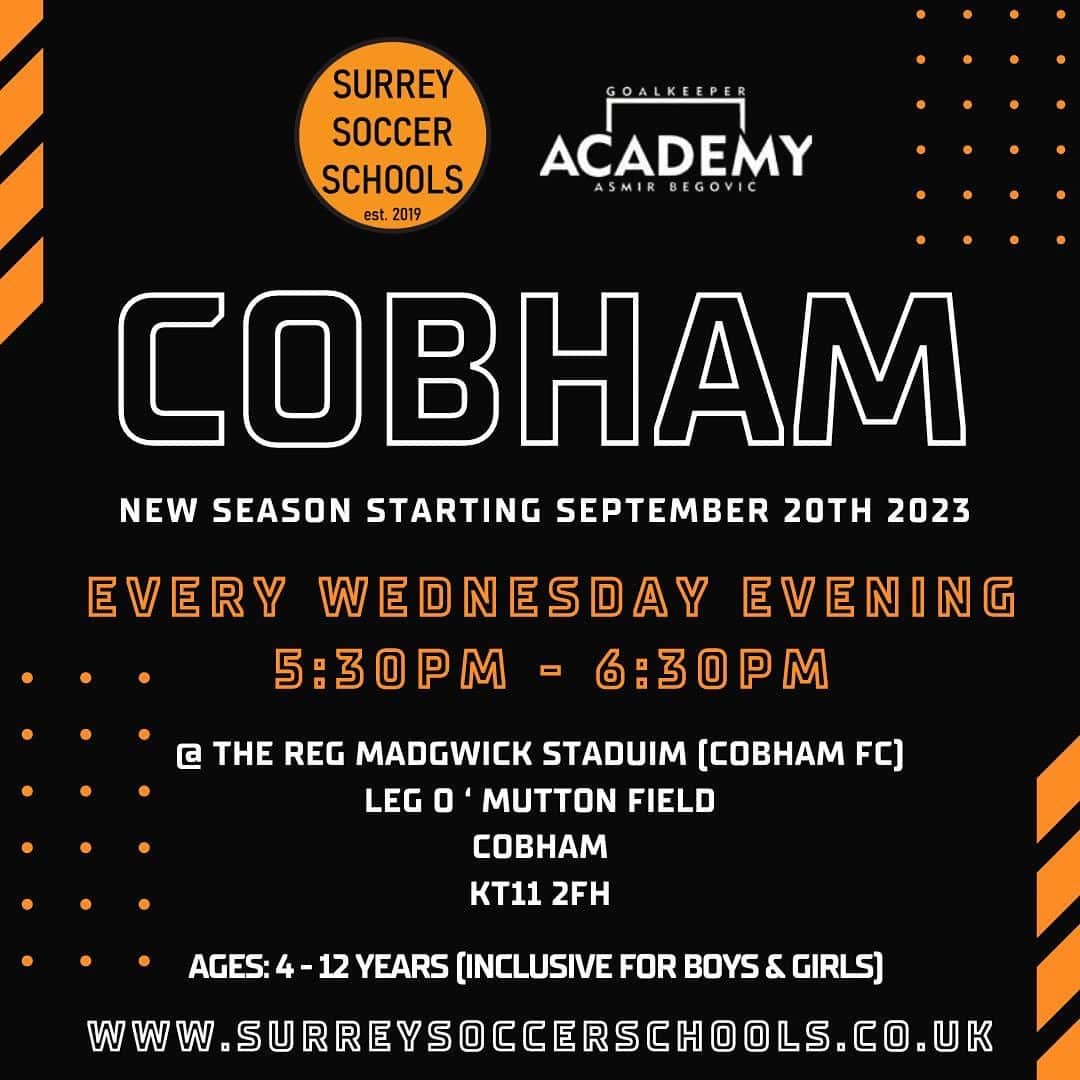 アスミル・ベゴヴィッチのインスタグラム：「@surreysoccerschools are excited to announce that in partnership with @abgkacademy , we’ll now be training every Wednesday evening, starting from Wed 20th September at the brand new Reg Madgwick Stadium @cobhamfc , Cobham, 5:30pm - 6:30pm.  This unique collaboration will provide all children to continue their development as an outfield player and also have an opportunity to learn new goalkeeper skills to support them in pursuing their dreams.   To sign up and confirm your child’s place, please use the booking link below:  https://surrey-soccer-schools.classforkids.io/info/173  Limited spaces available!」