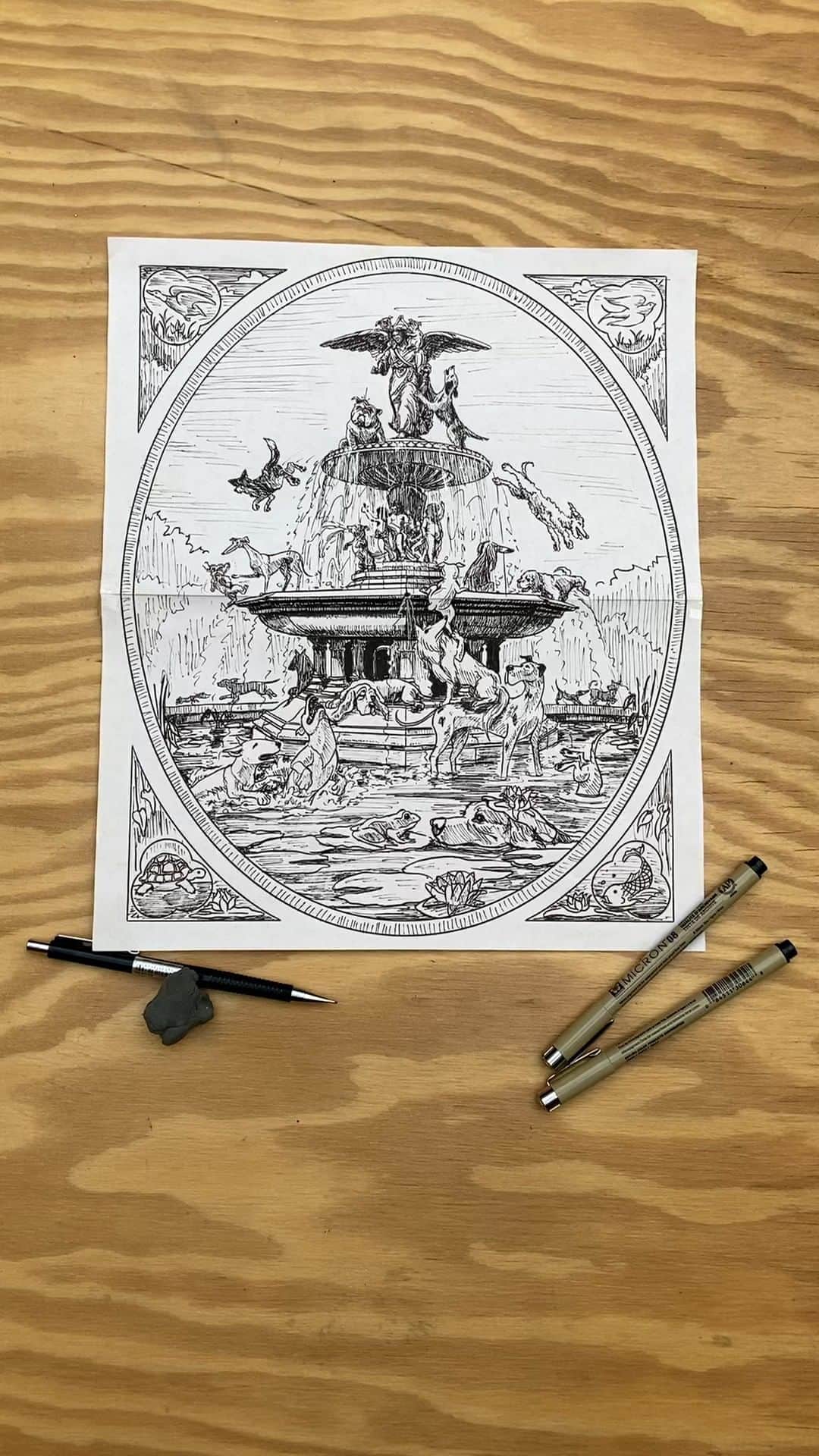 Sakura of America（サクラクレパス）のインスタグラム：「Hey everybody, @dylanjg here again. I’m a printmaker and illustrator based in Brooklyn, NY.  Here’s the initial sketch and final seven layer screen print of “Fountain Dogs” I created last summer. I came up with the idea while on a bike ride through Central Park. It was a hot summer day and there were tons of dogs playing and swimming in the iconic Bethesda Fountain. The composition and corner vignettes were inspired by all the awesome stone carvings along the staircases leading down to the fountain.   For a lot of my work, I’ll carve a larger woodblock to create the line work and then scale that down to a more manageable and frame-friendly size for a color screen print edition.」