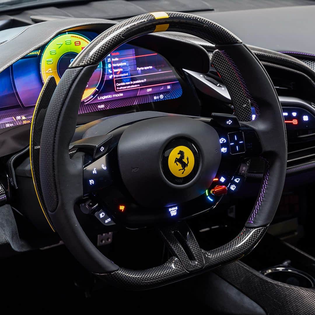 フェラーリさんのインスタグラム写真 - (フェラーリInstagram)「This #FerrariSF90Spider, created thanks to the #FerrariTailorMade programme, shows an aggressive character without detracting from its innate sportiness. The stripes of the Giallo Libano livery shine in contrast with the Viola Hong Kong of the paintwork, and the tones of interiors echo perfectly with the exterior finish of the car.  #Ferrari」9月14日 0時24分 - ferrari