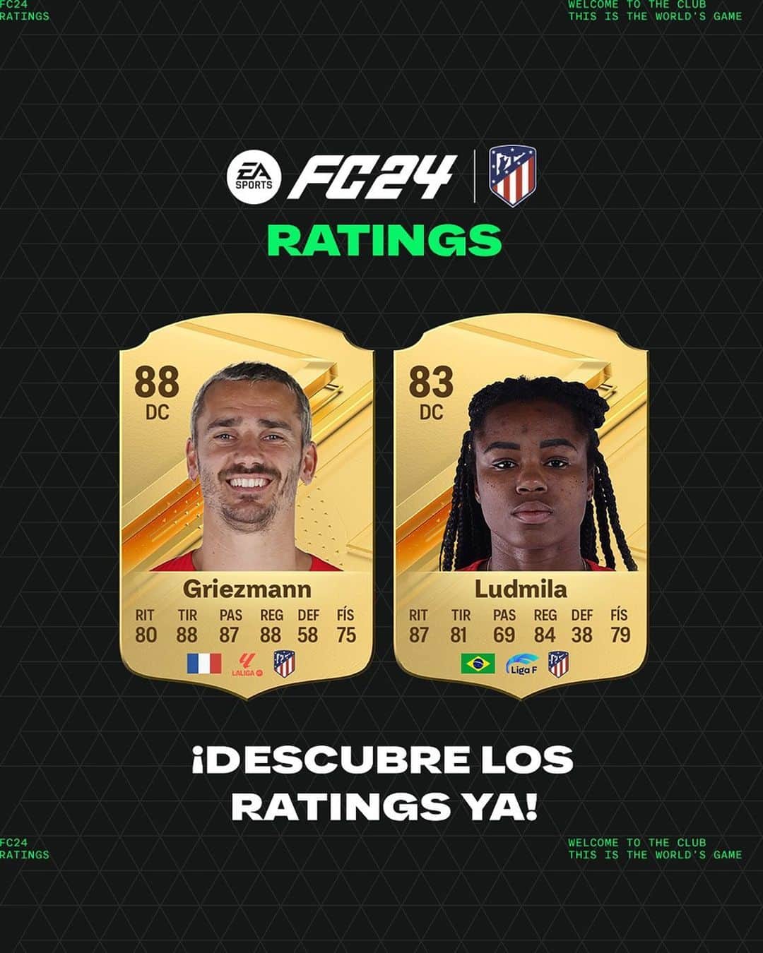 アトレティコ・マドリードのインスタグラム：「Ya están aquí nuestras medias de #FC24 🎮  🤔 ¿Qué ratings esperáis para el resto?  Puedes reservar tu #FC24 desde nuestras stories.」