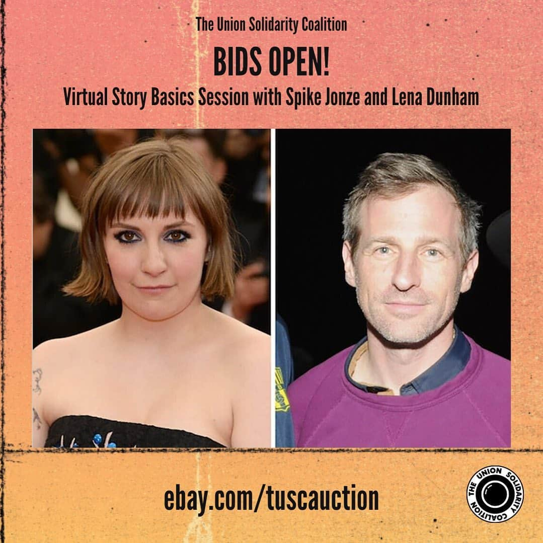 レナ・ダナムのインスタグラム：「Writers, directors and actors are nothing without crew- IATSE, LiUNA and Teamsters- and many crew members are at risk of losing healthcare during this challenging time. That’s why a group of us have come together to form @tusctogether. We are working with @mptf to raise funds for crew healthcare and this auction does just that. The items are beyond amazing (like, a portrait of your pet by John Lithgow? THE apron from The Bear!? And SO much more- including a story session on zoom with THE Spike Jonze and me, or a chance for me to paint a mural in your actual house.) Please bid knowing every cent matters. Thank you to @ebay for hosting us. I love this business. I love these people. Link in bio.」