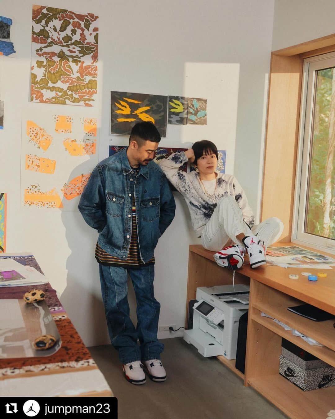 ノーマ ティーディーのインスタグラム：「#Repost @jumpman23 with @use.repost ・・・ "I’m drawn to things that feel emotionally charged, and that naturally makes me want to wear them,” says @masako_noguchi_ of the AJ4 ‘Red Cement.’   She is one half of the Tokyo-based multidisciplinary textile label @noma_textiledesign. Alongside Takuma Sasaki, they push the boundaries of traditional Japanese craftsmanship and show us how textiles can be interpreted for modern times. Launching globally on 9.16.」