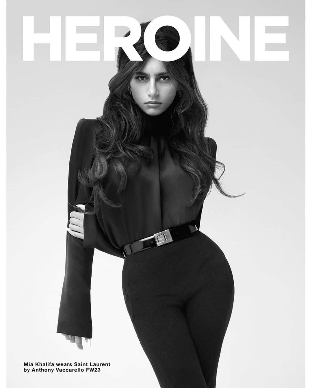 ミア・ハリファのインスタグラム：「Honored to cover @heroine_mag and to be shot by @fabienmontique !!!!! Heroine means so much to me, I shot my first editorial ever with them back in 2019 and will forever be grateful to them for that opportunity🥹🖤 copies hit newsstands tomorrow and online 🗞️🩶  Heroine   Photography: @fabienmontique  Fashion: @peghah_maleknejad  Hair: @annesofie.begtrup @wiseandtalented  Make-up: @tizianaraimondo @homeagency  Production: @montiqueandco  Retouching: @sam.retouch  Light assistant: @skoczkowski」