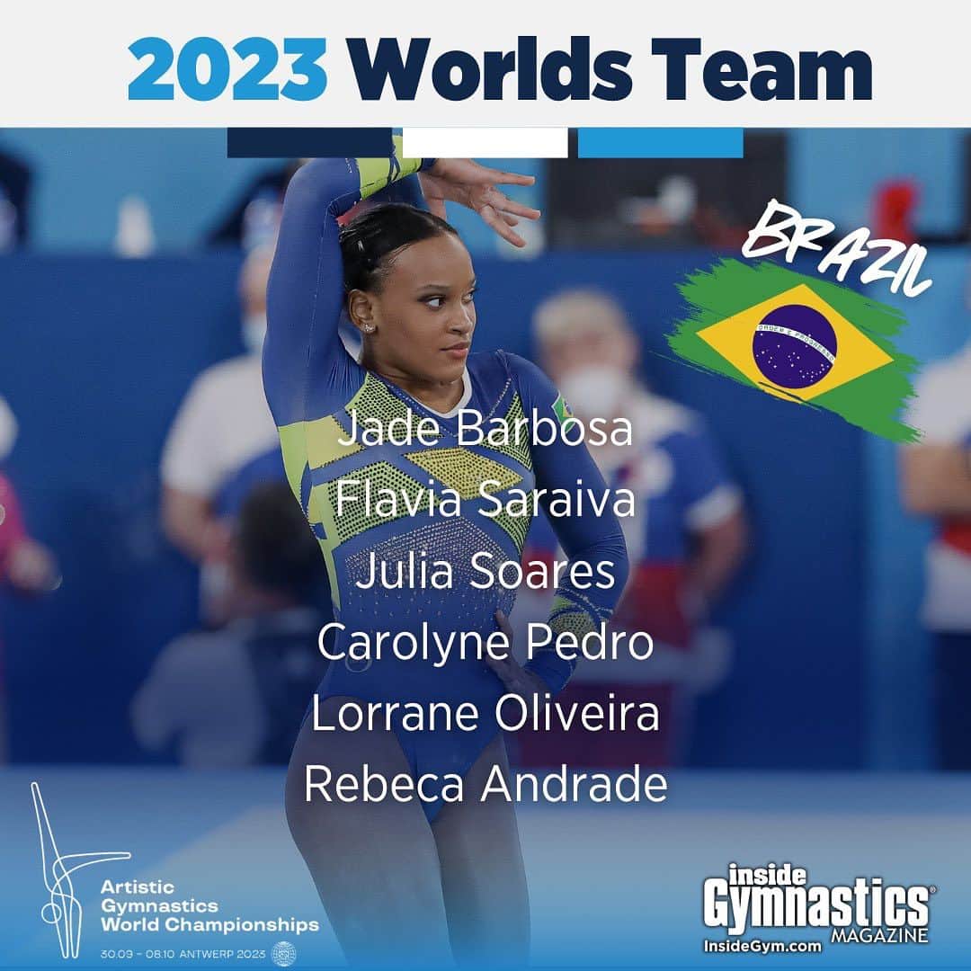 Inside Gymnasticsさんのインスタグラム写真 - (Inside GymnasticsInstagram)「Your 2023 Brazilian Worlds Team! 🇧🇷 ⭐️Jade Barbosa ⭐️Flavia Saraiva ⭐️Julia Soares ⭐️Carolyne Pedro ⭐️Lorrane Oliveira ⭐️Rebeca Andrade   Alternate TBD!」9月14日 2時54分 - insidegym