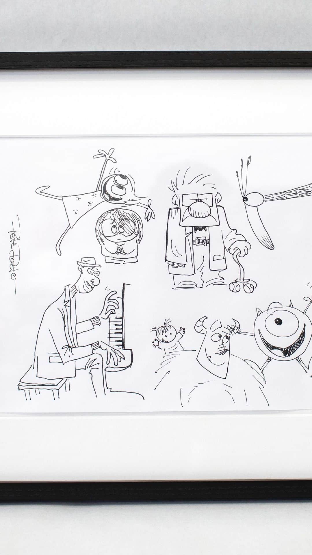 Disney Pixarのインスタグラム：「Pete Docter is an Oscar®-winning director of Disney and Pixar’s Monsters, Inc., Up, Inside Out, Soul, and our Chief Creative Officer at Pixar Animation Studios.  He joins #DisneyCreate100 by donating a framed, original ink-on-paper sketch, featuring characters from the films above, in support of @makeawishamerica.✨」
