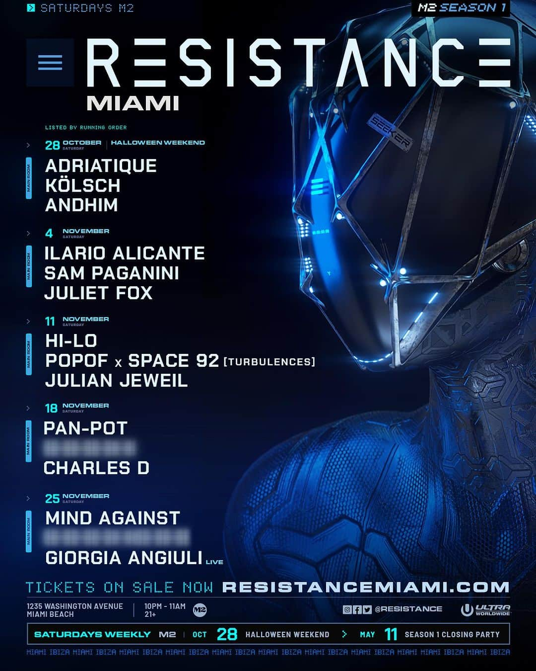 Ultra Music Festivalのインスタグラム：「Season 1 of the RESISTANCE Miami Club Residency returns next month starting Halloween Weekend. Join us on the dance floor at @m2_miami as we welcome our roster of artists through the month of November. Tickets are on sale now ➡️ resistancemiami.com  Hours: 10PM - 5AM*」