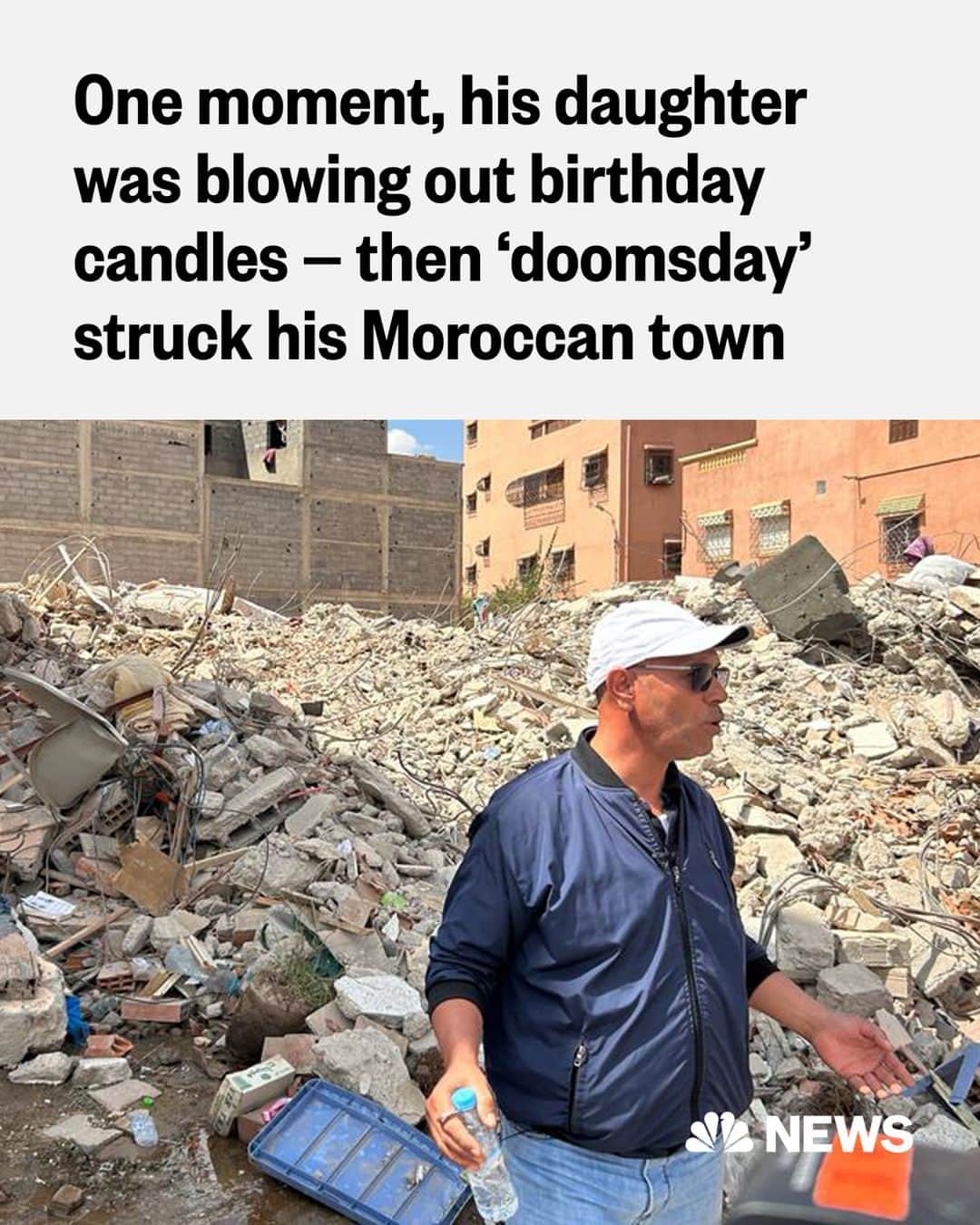 NBC Newsのインスタグラム：「It was a moment of devastating coincidence.  Just as Ali’s daughter blew out the candles on her 21st birthday cake, a fault ruptured 11 miles beneath Morocco’s High Atlas Mountains unleashing forces so violent that villagers did not at first understand what was going on.  The magnitude 6.8 earthquake that struck late Friday night razed entire villages, killing 2,900 people and counting, with bodies still being pulled from the pancaked buildings.  In the tourist town of Amizmiz, 15 miles away from the epicenter, half an hour earlier Ali had been sitting in a café with a friend before leaving for his daughter’s birthday celebrations.  Read more at the link in bio.」