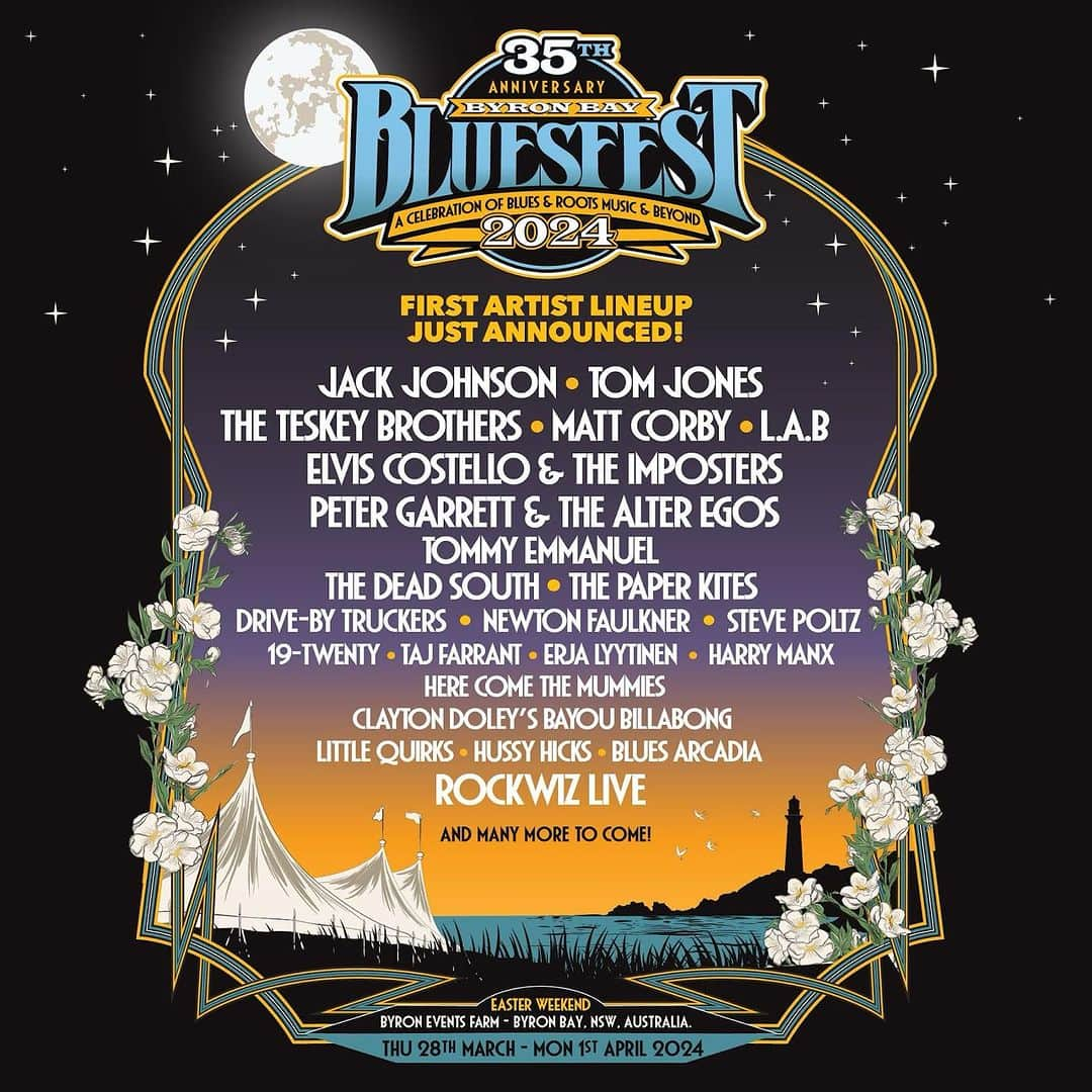 ジャック・ジョンソンのインスタグラム：「2024 marks the 35th Anniversary of @bluesfestbyronbay in Byron Bay, Australia, and we are happy to announce Jack and the band will be headlining the festival as their one and only Australia show next year. The festival will be held Easter weekend, March 28- April 1, 2024 and will feature The Teskey Brothers, Elvis Costello, the Paper Kites and many more. Tickets are on sale now. www.bluesfest.com.au/tickets/」