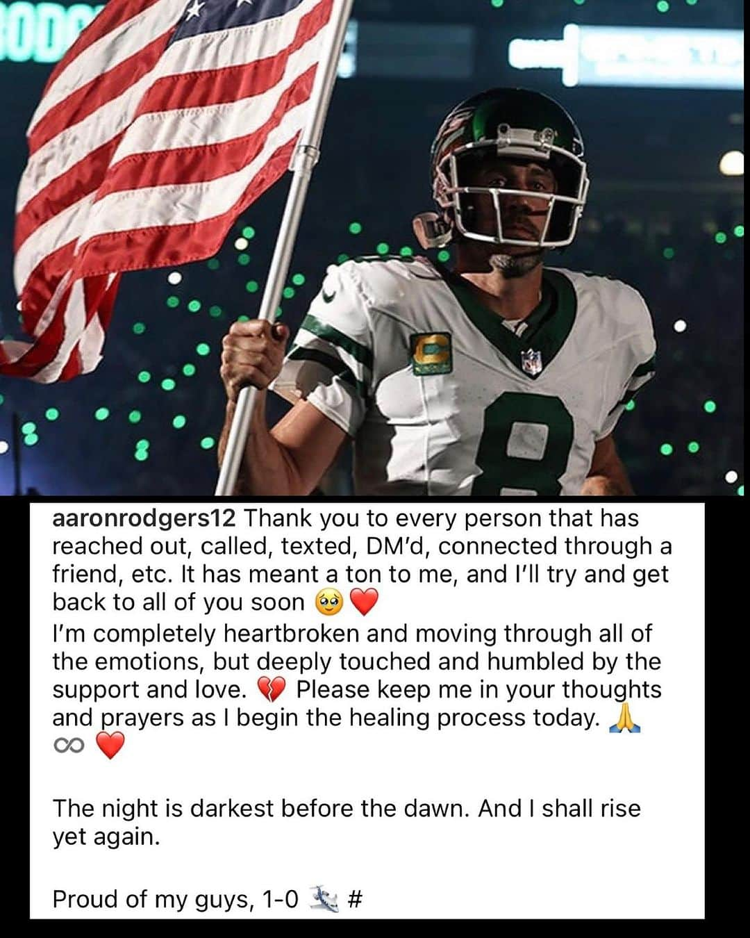 レイチェル・ニコルズさんのインスタグラム写真 - (レイチェル・ニコルズInstagram)「Aaron Rodgers: “The night is darkest before the dawn. And I shall rise yet again.” Good sign for #Jets fans.」9月14日 7時00分 - rachel_nichols