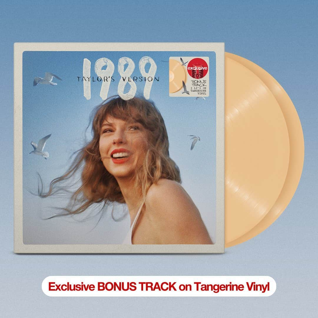 Targetのインスタグラム：「Preorder 1989 (Taylor’s Version) Target Exclusive Tangerine Edition now! 🩵 Exclusive BONUS TRACK on Tangerine Vinyl & Exclusive Deluxe CD’s with Poster. Complete Your Collection Only at Target 🫶🍊 #OnlyAtTarget #1989TaylorsVersion」