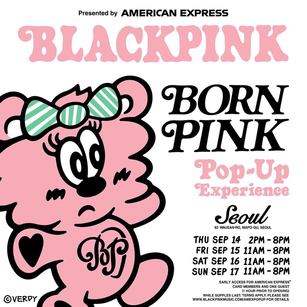 ヴェルディのインスタグラム：「Verdy x Blackpink Born Pink pop up experience this week in Seoul 🇰🇷Wednesday 9/14 - Sunday 9/17🖤💗✌️」