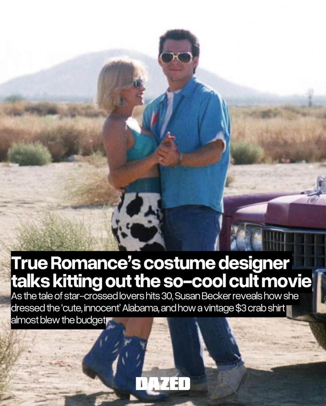 Dazed Magazineのインスタグラム：「Clarence and Alabama’s unconventional love story, told through Tarantino’s sharp storytelling and Scott’s high-octane cinematography, catapulted True Romance to cult classic status.⁠ Another big reason is the incredible costumes by Susan Becker.⁠ ⁠ Susan Becker, who was also behind the stylish vampires of The Lost Boys, Diane Keaton’s Baby Boom businesswear, and @madonna’s silky loungewear in Body of Evidence, dressed Slater and Arquette in strikingly vivid hues and prints that perfectly complemented Scott’s visuals.⁠ ⁠⁠ On-site we catch up with the costume designer 🔗⁠ ⁠ ✍️ @marielodiandreakos⁠ 📸 Still from True Romance [1993]⁠ ⁠ #DazedFashion ⁠」
