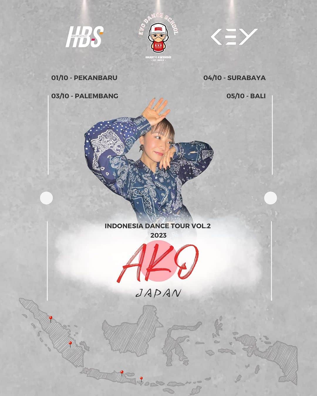 Akoのインスタグラム：「SEE YA SOON 🇮🇩  2023!! Indonesia Dance Tour Vol.2 by @akosun828 from JAPAN will be held on :  Pekanbaru - Oct, 1st 2023 host by @evodanceschool.pekanbaru  Palembang - Oct, 3rd 2023 host by @evodanceschool  Surabaya - Oct, 4th 2023 host by @heavybuckstylez  Bali - Oct, 5th 2023 host by @thekeycreativespace  If you wanna join the class, you can contact the host in every city.  Arigatou!!  #Indonasia #Japan  #evodanceschool #heavybuckstylez #thekeycreativespace」