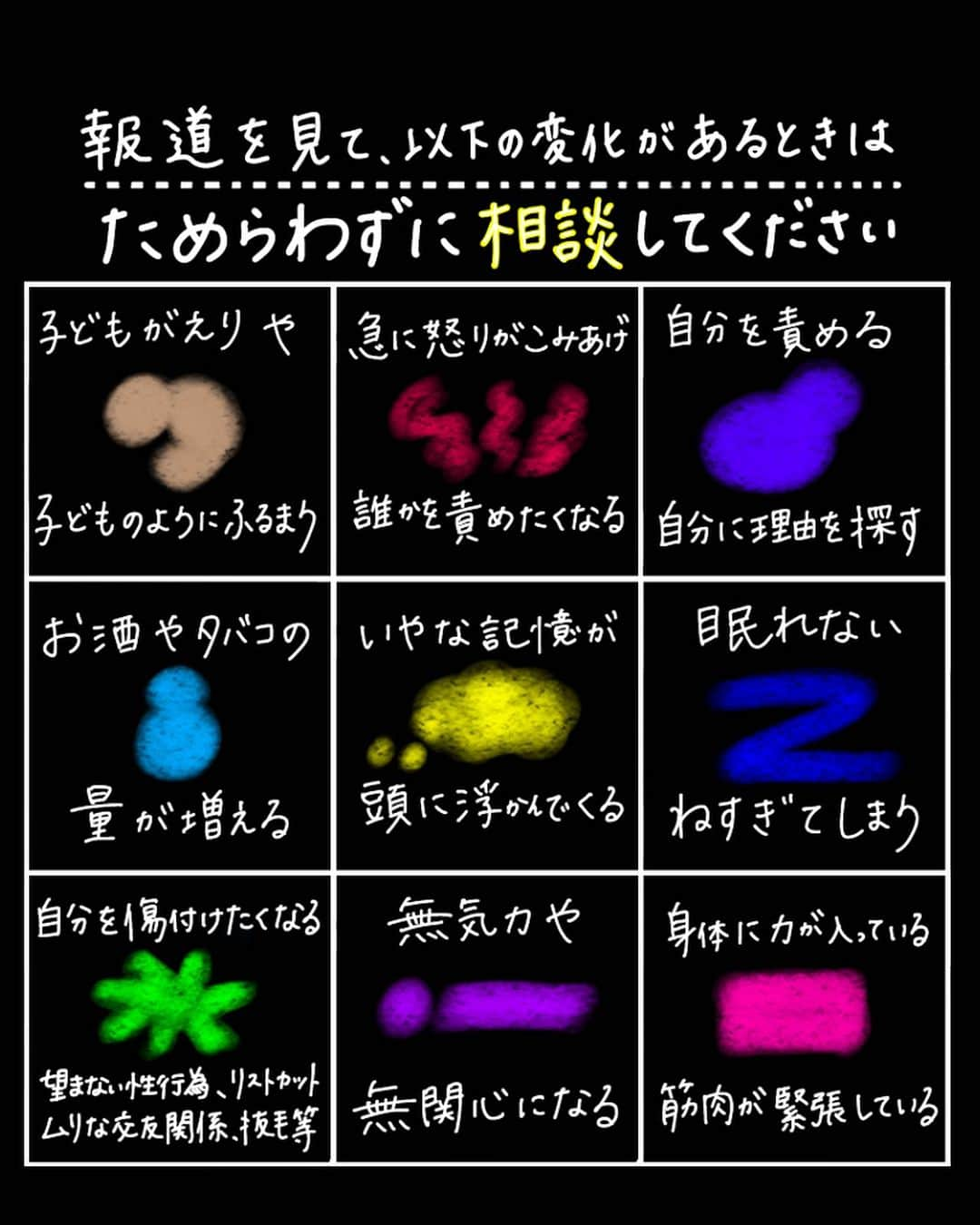 みたらし加奈のインスタグラム：「#DayDay ありがとうございました。  ジャニーズ事務所の件、 ずっとコメントを出すかどうか迷っていましたが、 ニュースを見るだけでしんどい方もいると思うので 詳しいことは控えます。  確かに報道する必要のあることだけれど、 連日の情報を目にする 性被害のサバイバーや当事者の方で、 苦しくなってしまう人も多いと思います。  投稿の一枚目にあるように もしあなたにこんな変化があったら、 ひとまず報道から離れて ためらわずに相談してみてください。  わかりやすいかな〜と思って描いてみたよ！  周りの人にこんな変化があった場合も、 どうかシェアしてみてください。  🔈  さて「相談」についてですが、 SNS相談やネット・電話相談もとても心強いですが、 あなたに明確なトラウマがある場合は、 対面でできる診察やカウンセリングの方が 適している場合があります。  専門機関でできることのなかには「トラウマ治療・療法」というものもあります。気になったら調べてみてね。  臨床心理士や精神科医が関わるような こころの専門機関には、 必ず「守秘義務」というものがあります。 だから、あなたの話やひみつは必ず守られます。  話しづらかったら特定の名前はボカしても大丈夫です。 あなたの聞かれたくないことは聞きませんし 被害の状況を無理に掘り起こすことはしません。  本当は継続することが望ましいけれど 一回きりでもいいから、まずは足を運んでみてください。　  【報道関係者の皆さま】 どうか報道の際は、相談窓口や適切な情報も いっしょに伝えていただけると助かります。  🌼  最後に、これは専門家としてではなく 非常に個人的な話ですが…。  以前よりお伝えをしているとおり、 私自身はグルーミングと性的虐待のサバイバーです。  何を伝えたいかというと しかるべき機関で専門的な介入を 受けることができれば、回復できるんです。 死にたくなるくらい嫌なことを思い出さずに 生きていける日が必ずきます。  怖い夜や、怖い場所や、怖い人が あなたを追い詰めない日はちゃんとやってきます。  もちろん私の成功体験を押し付けるつもりはありません。 あなたにはあなたのペースがある。  でももうこれ以上、 ひとりで抱えてほしくないなと思っています。  🌼  ネットに溢れる被害者非難の言葉が、 あなたがあなた自身を責めるための 材料になる場合もあるでしょう。  でももう充分だと思うの。  だってたくさん傷ついたんだから。 これ以上、自分を痛めつけたり、 傷付こうとしないで。  自分を叩くんじゃなくて、抱きしめてあげてください。  私自身はいま、Instagram以外の いろんな媒体から離れています。 だってしんどいし、怒りも湧いてくるから。 離れて快適なら、自分のために それを選び続けてあげる。 いちばんたいせつなこと。  被害に遭った方がさまざまな行動しなければいけないことに心の底から憤りを感じるけれど、あなたが「自分の心の手綱を握らせたくない」と思った日には、必ずそれは実現できる、ということを伝えたかった。どうかためらわずに頼ってみてください。」