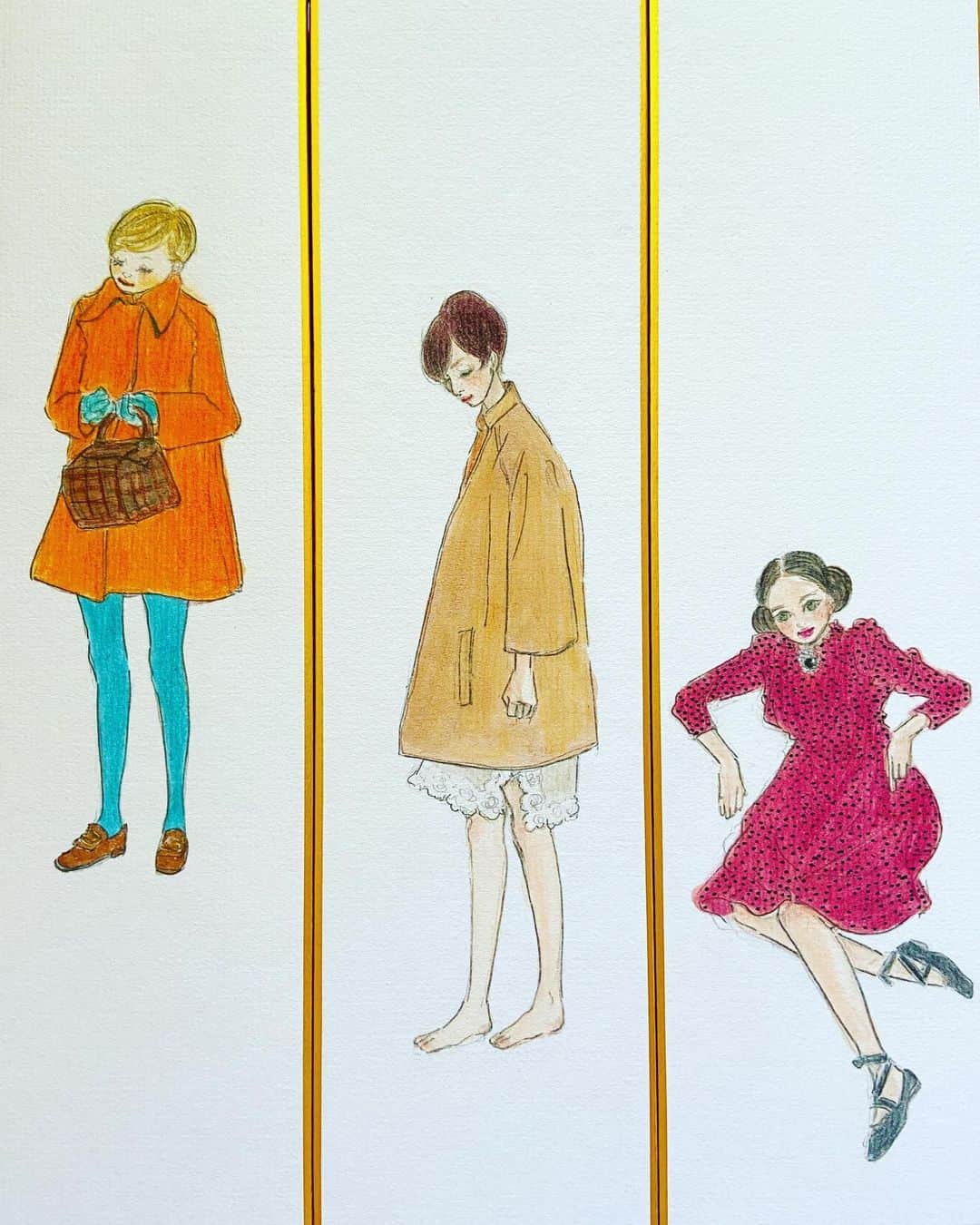 おおたうにのインスタグラム：「🎋ファッション短冊画③🎋  モノクロの写真しかないやつは、想像で色づけするのですが、時々カラー写真を発見すると全然違うことがあってびっくりする！ さてホワイトをどうやって入れよう🤔  ✨ーーーーーーー 「おおたうに　girl! girl! girl! 展」  2023年10月2日（月）〜8日（日）まで @galleryledeco   全部新作❣️描き下ろしだらけ❣️ 『チェリーコーク』に描いた私物フリマもあるよ！ お洒落なお友達たちも出店予定！  ＆基本全日程終日在廊予定。 みんな会いに来てね😉  ✨ーーーーーーーーーーーー  #おおたうに展2023 #girlgirlgirl #fashionillustration #60sfashion #70sfashion #短冊画 #outauni #おおたうに」