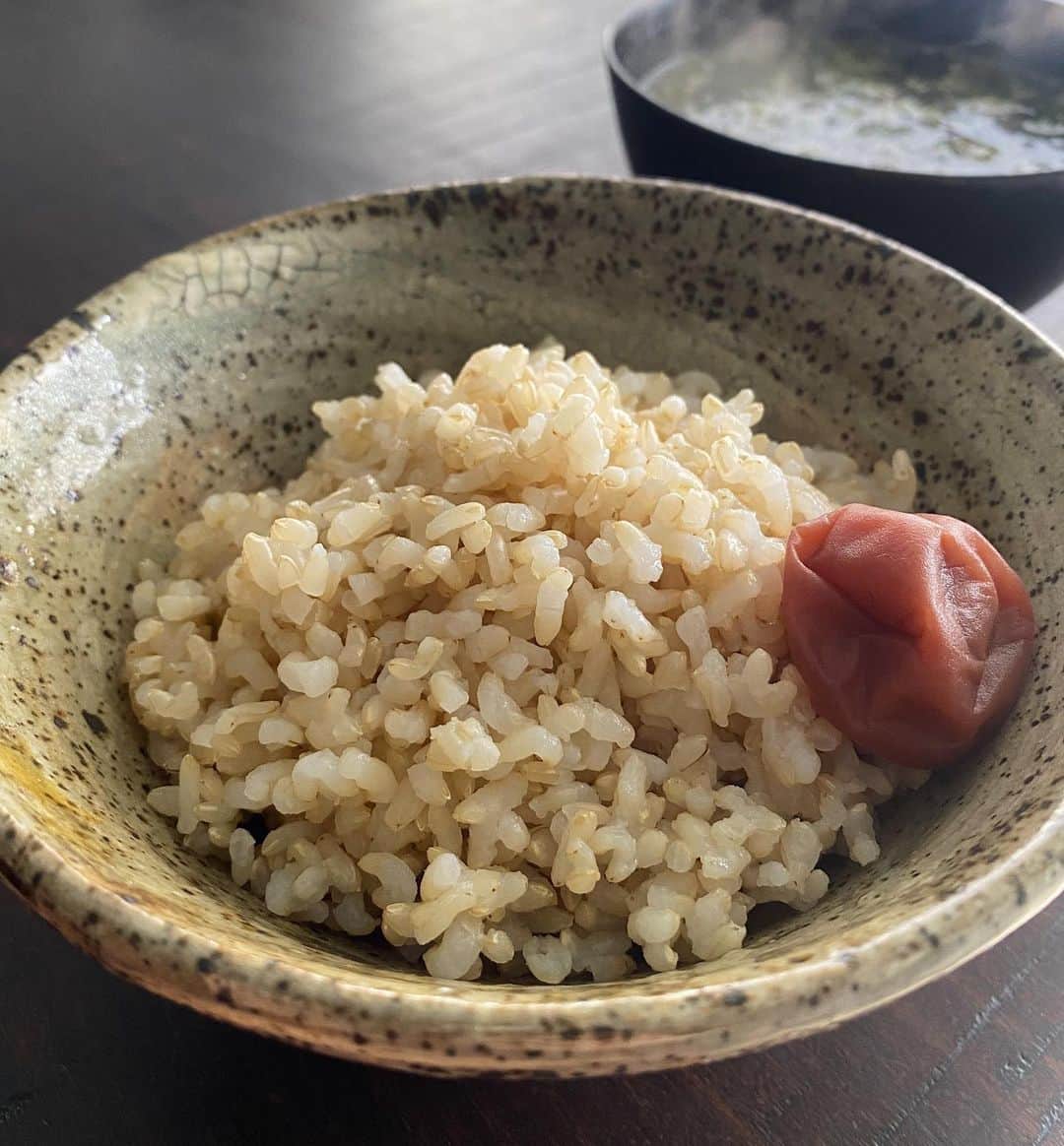 後藤しおりのインスタグラム：「今日も週末の常駐型ケータリングのため終日仕込みです。遅めの賄いは、かれいの煮付け。冷凍してあった玄米に梅干し。普段は賄いにしか器を使用しないため、ちょうど良いものがなく、かれいは直火用の調理皿に。伏見の農家さんから届いたタイバジルのおかげでアトリエ中とっても良い香り。」