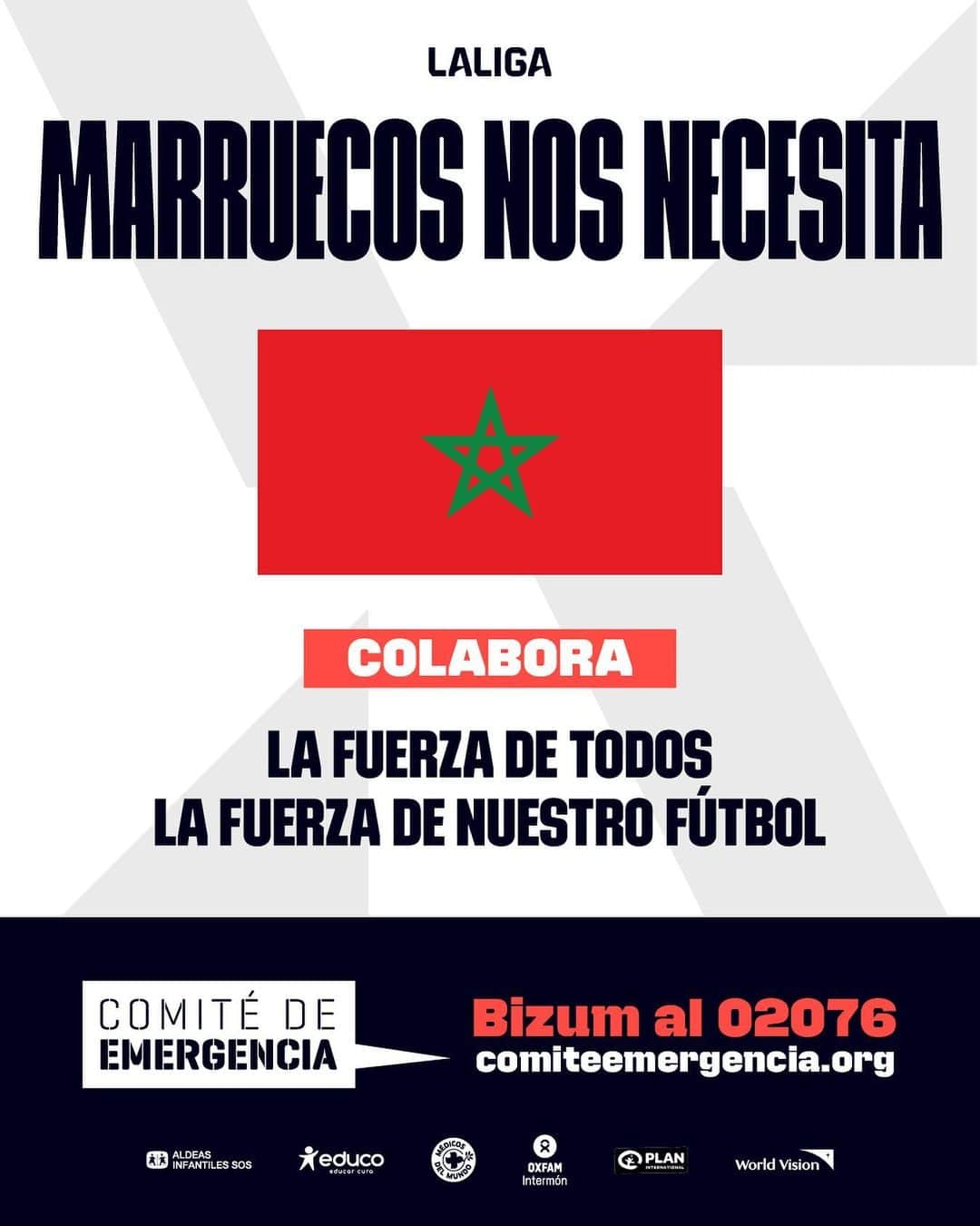 セルタ・デ・ビーゴのインスタグラム：「𝗠𝗔𝗥𝗥𝗨𝗘𝗖𝗢𝗦 𝗡𝗢𝗦 𝗡𝗘𝗖𝗘𝗦𝗜𝗧𝗔. ❤️  Súmate a la recogida de fondos del @comiteemergencia para la catástrofe de #Marruecos 🇲🇦  ¡Únete y colabora!   🔗 comiteemergencia.org 📞 900 595 216 📲 Bizum al 02076  #LALIGAConMarruecos #LALIGAEASPORTS」